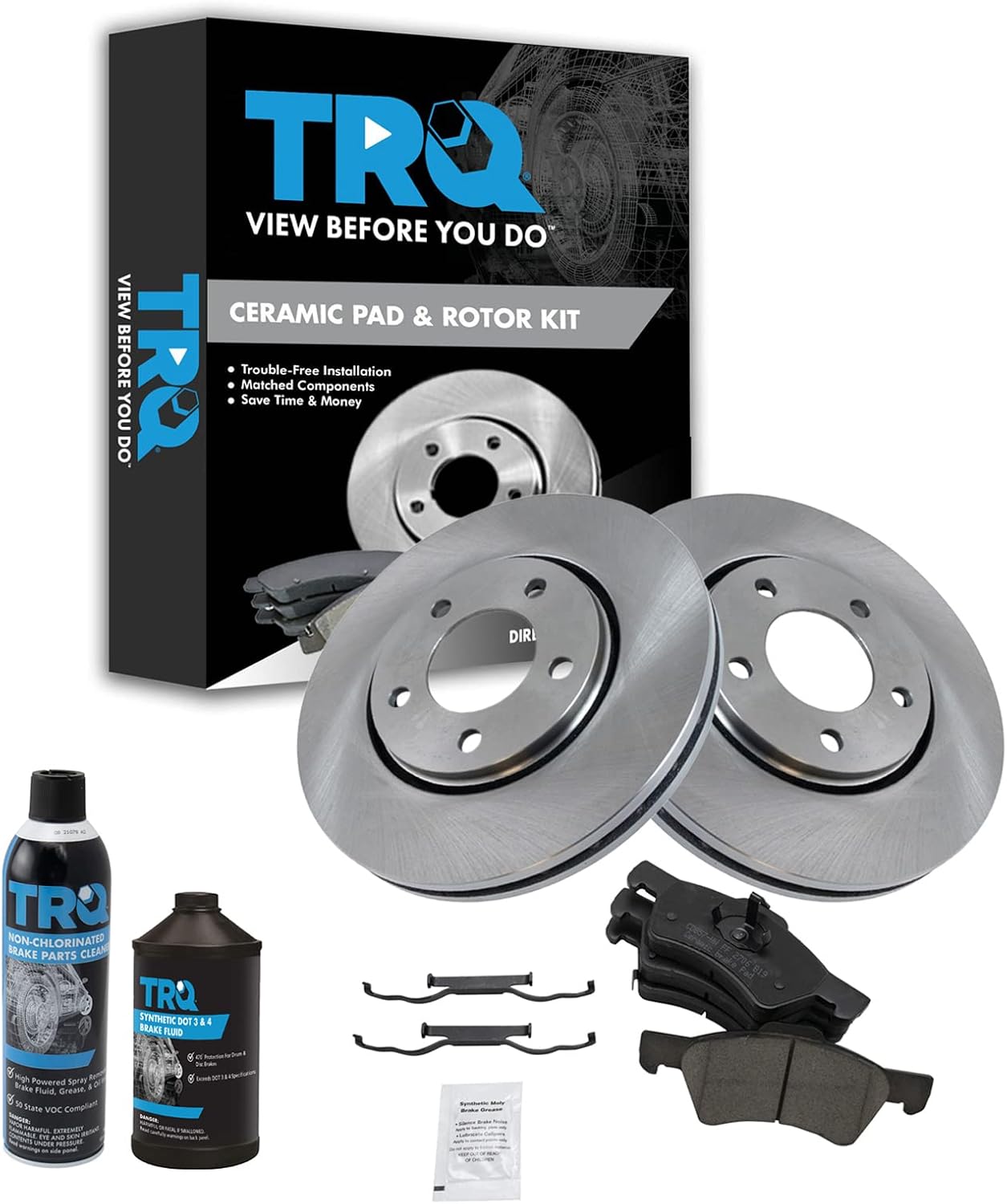 TRQ Front Brake Pad & Rotor Kit Brake Chemical Kit Brake Pads Brake Rotor Ceramic Compatible with 2001-2007 Chrysler Town & Country Dodge Caravan Grand Caravan