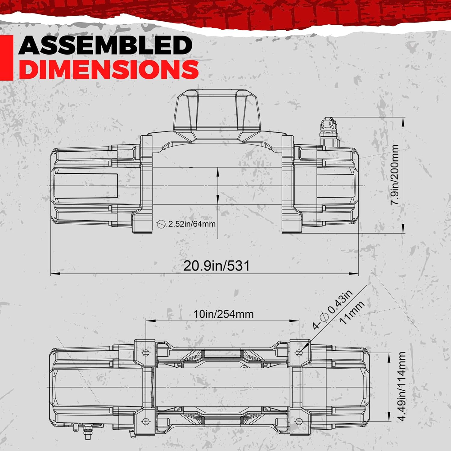 Technical drawing showing the assembled dimensions of the winch