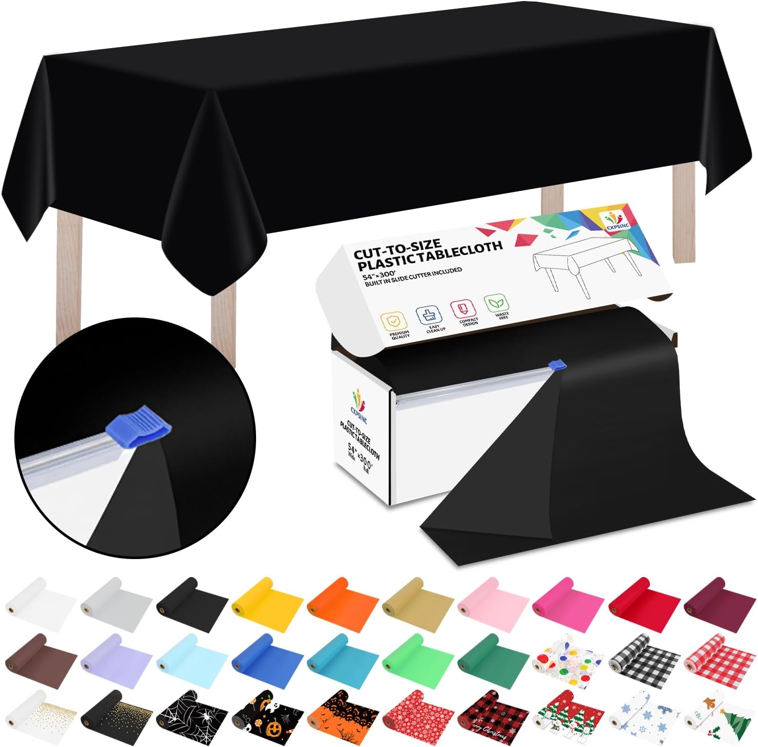 CXPSINC 54 Inch X 300 Feet Plastic Table Cover Roll Disposable Tablecloth with Slide Cutter for All Type/Shape Tables | Picnic, Party, Banquet, Birthdays, Weddings (Black, 300 Feet) 3600" x 54" (Rectangular) Black