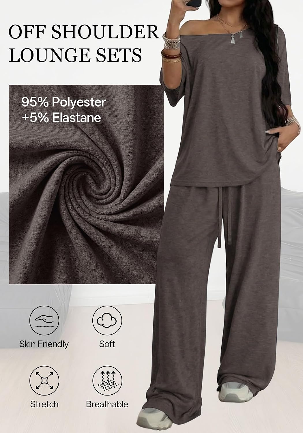 GFU Matching Lounge Sets For Women Two Piece Off The Shoulder Short Sleeve Top Wide Leg Sweatpants Set Travel Loungewear