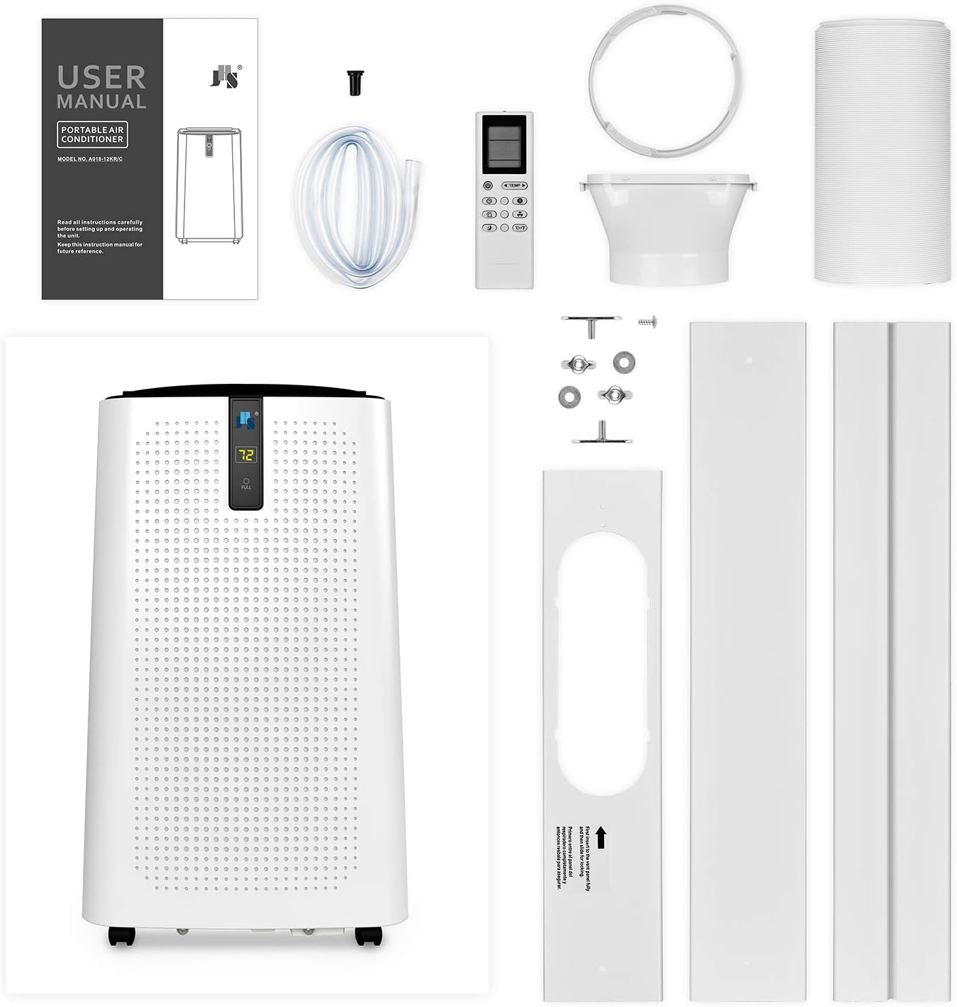 All components included in the JHS Portable Air Conditioner package: main unit, remote control, window kit, exhaust hose, and user manual.