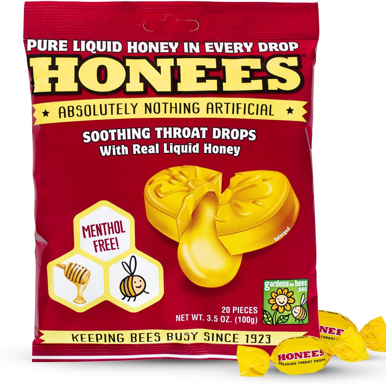 Honey Filled Cough Drops - 20-Piece Single Pack Menthol-Free Lozenges | Temporary Relief from Cough | Soothes Sore Throat | All Natural
