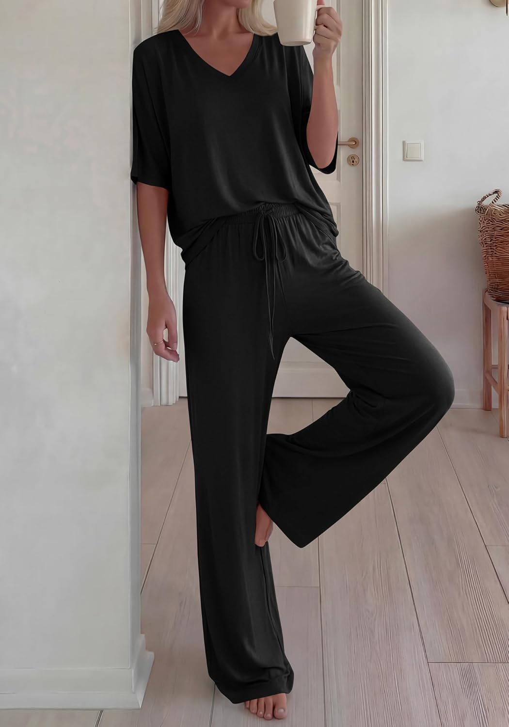 BTFBM 2 Piece Sets for Women Summer V Neck Short Sleeve Lounge Set Wide Leg Pants Matching Set Airport Travel Outfits - Image 6