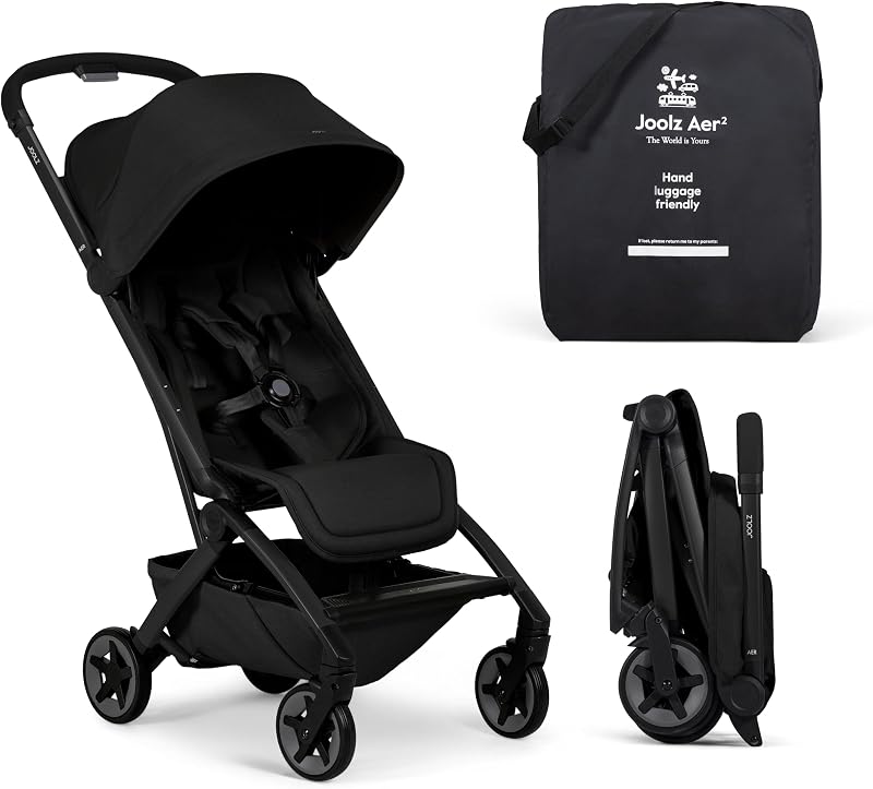 Joolz Aer2 Lightweight Travel Stroller for Baby & Toddler – One-Hand Fold, Compact Carry-On Airplane Approved, Reclining Seat, UPF 50+ Canopy, Travel Pouch, Baby Net – Space Black