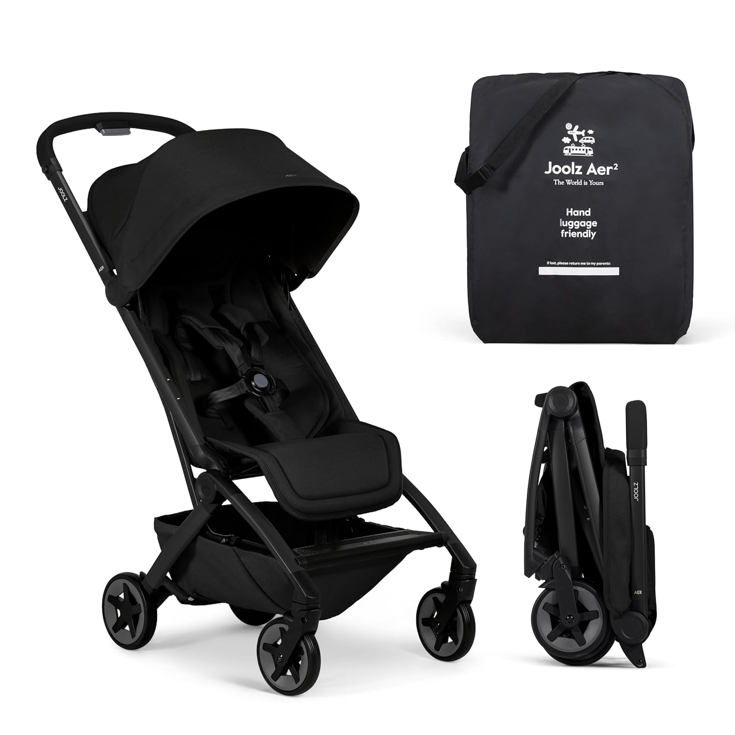 Joolz Aer2 Lightweight Travel Stroller for Baby & Toddler – One-Hand Fold, Compact Carry-On Airplane Approved, Reclining Seat, UPF 50+ Canopy, Travel Pouch, Baby Net – Space Black