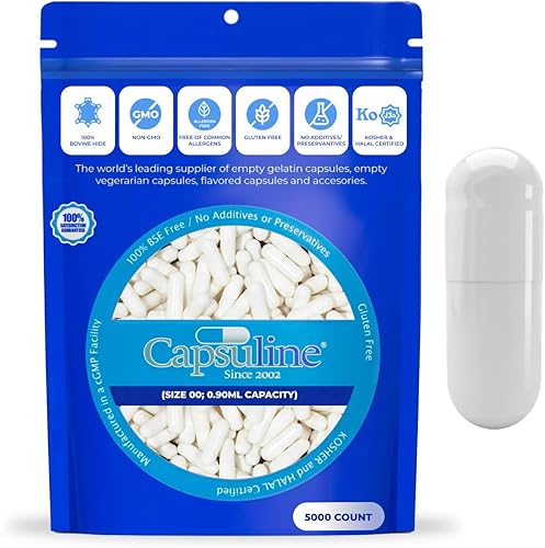 Capsuline Tamaño 000  Cápsulas de gelatina vacías de color blanco  5000 unidades  Cápsulas vacías de gel  Relleno de cápsulas de píldora bovina pura
