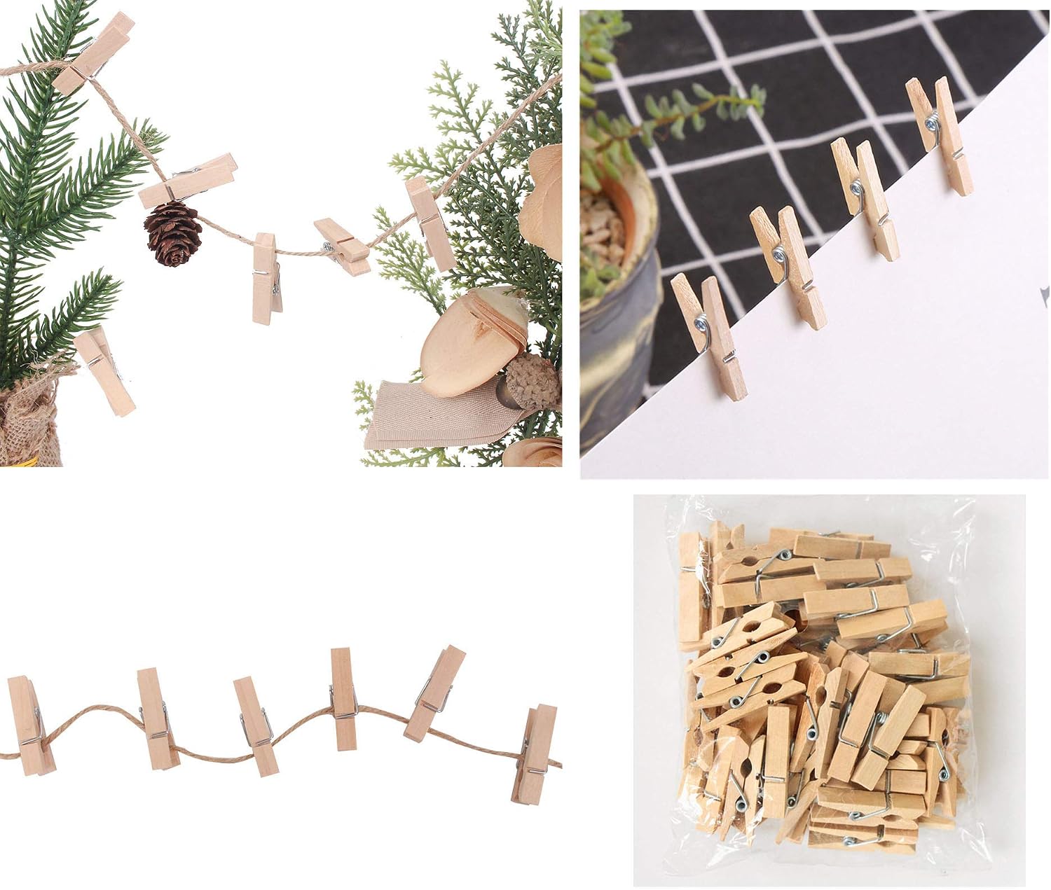 Clothes Pins, 100pcs Wood Color 1.3Inch (3.5cm) Small Wooden Chip Clips with 33 Feet Jute Twine for Bag Clips Clothespin Bag Clothes Pin Heavy Duty Outdoor image 3