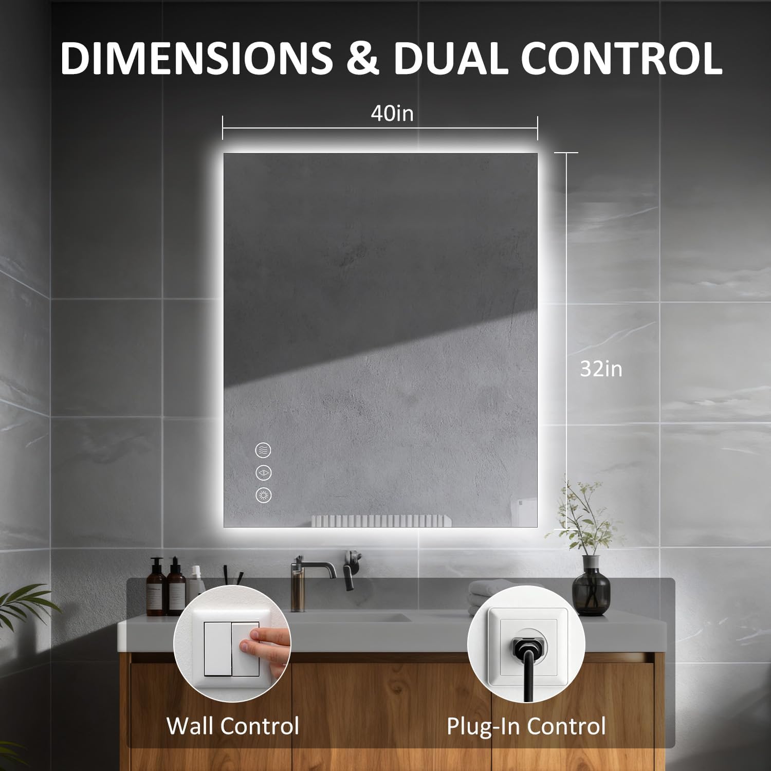 LED Bathroom Mirror 40"x32", 3-Colors Backlit, Stepless Dimmable, Anti-Fog, Memory, Wall Mounted Vanity Mirror with Lights, Eco Copper-Free, Perfect for Bathroom & Bedroom