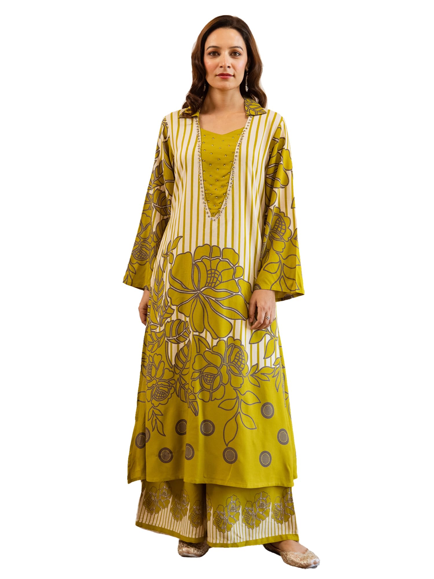 indo era Women's Viscose Rayon Floral Printed Straight Calf Length Kurta & Palazzo Set (IEOUT12092)-picture-10