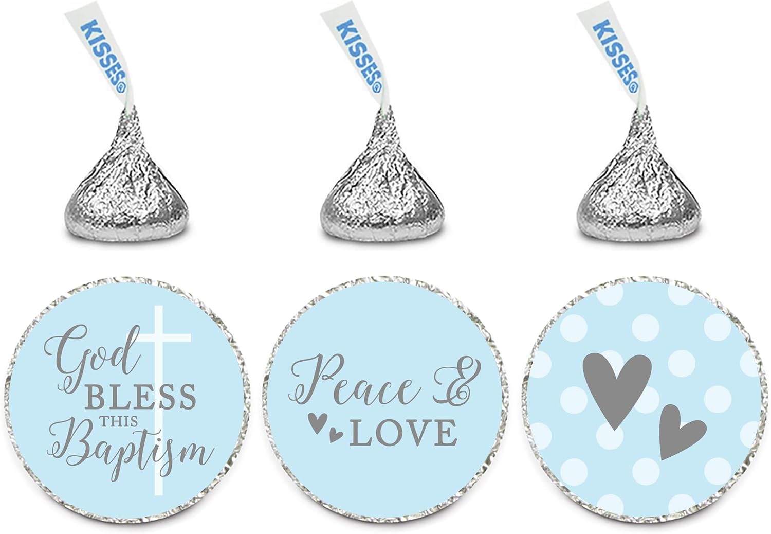 Andaz Press Baby Blue and Gray Boy Baptism Collection, Chocolate Drop Label Stickers Trio, 216-Pack, Fits Kisses Party Favors