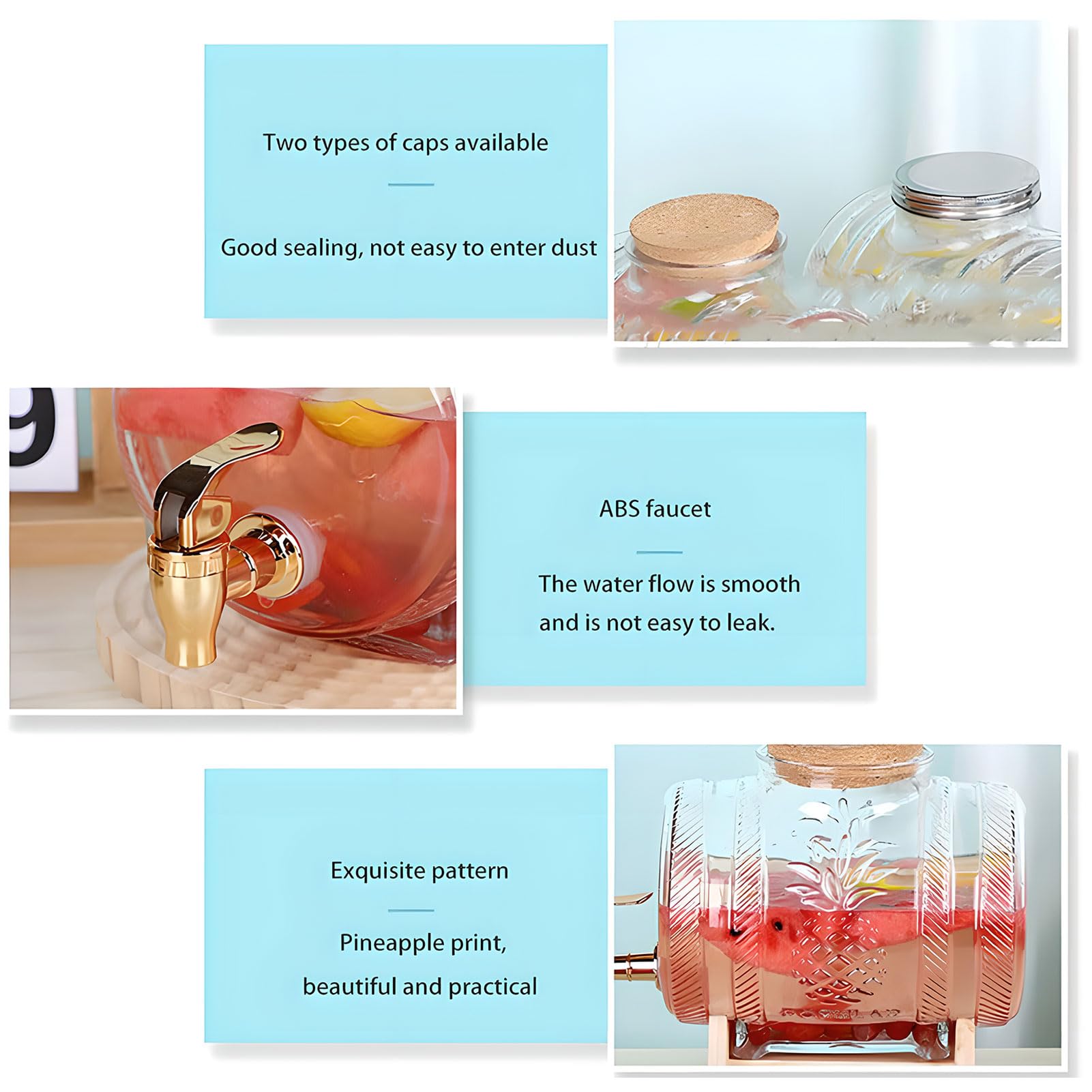 Dispensador de bebidas de vidrio con tapa de corcho de madera y soporte de bambú, grifo ABS para jugo, agua, té y bebidas, capacidad de 5 litros, perfecto para fiestas y eventos