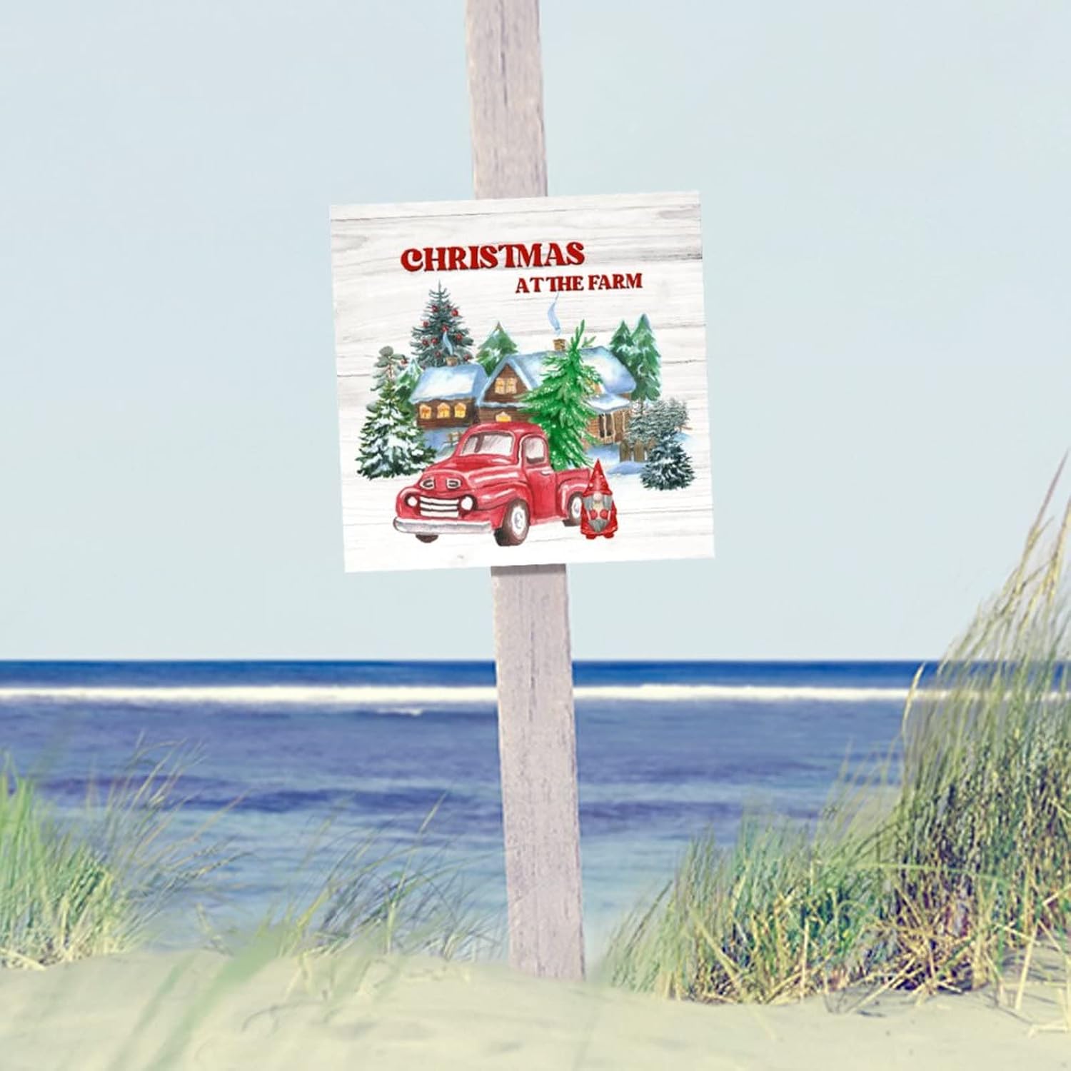 Christmas at The Farm Wood Signs Classic Winter Red Truck Gnome Home Wood Sign Plaque Merry And Bright Wall Decor Hanging Plaque Sign For Laundry Room Bathroom Bedroom Home Housewarming Gift 16x16in