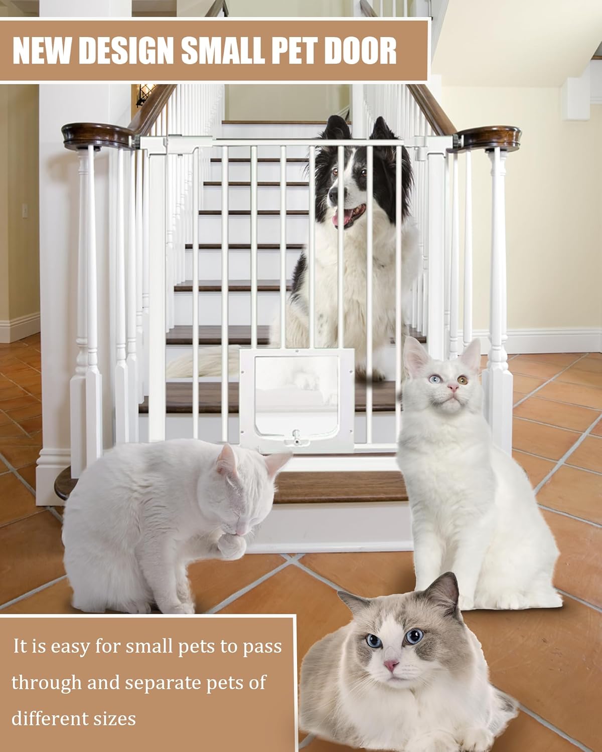 White Extra Wide Baby Gate with Pet Door Automatic Closing 29.5 to 46 Inches Adjustable Pressure Mounted for Doorway Stairs Includes 4 Wall Cups and 3 Extensions Pet Gate Baby Gate Dog Gate Cat Gate