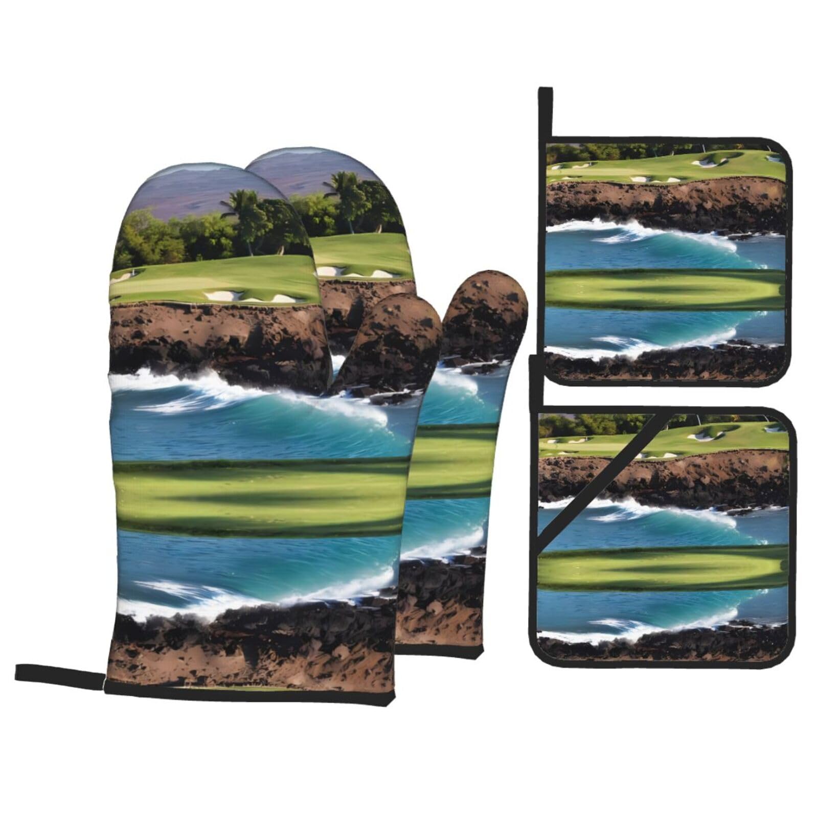 HJFCZH Hawaii Beach Golf Course Prints Kitchen Throw Set: Durable Oven Layers with Waterproof Polyester – 4 Piece Heat Protection System