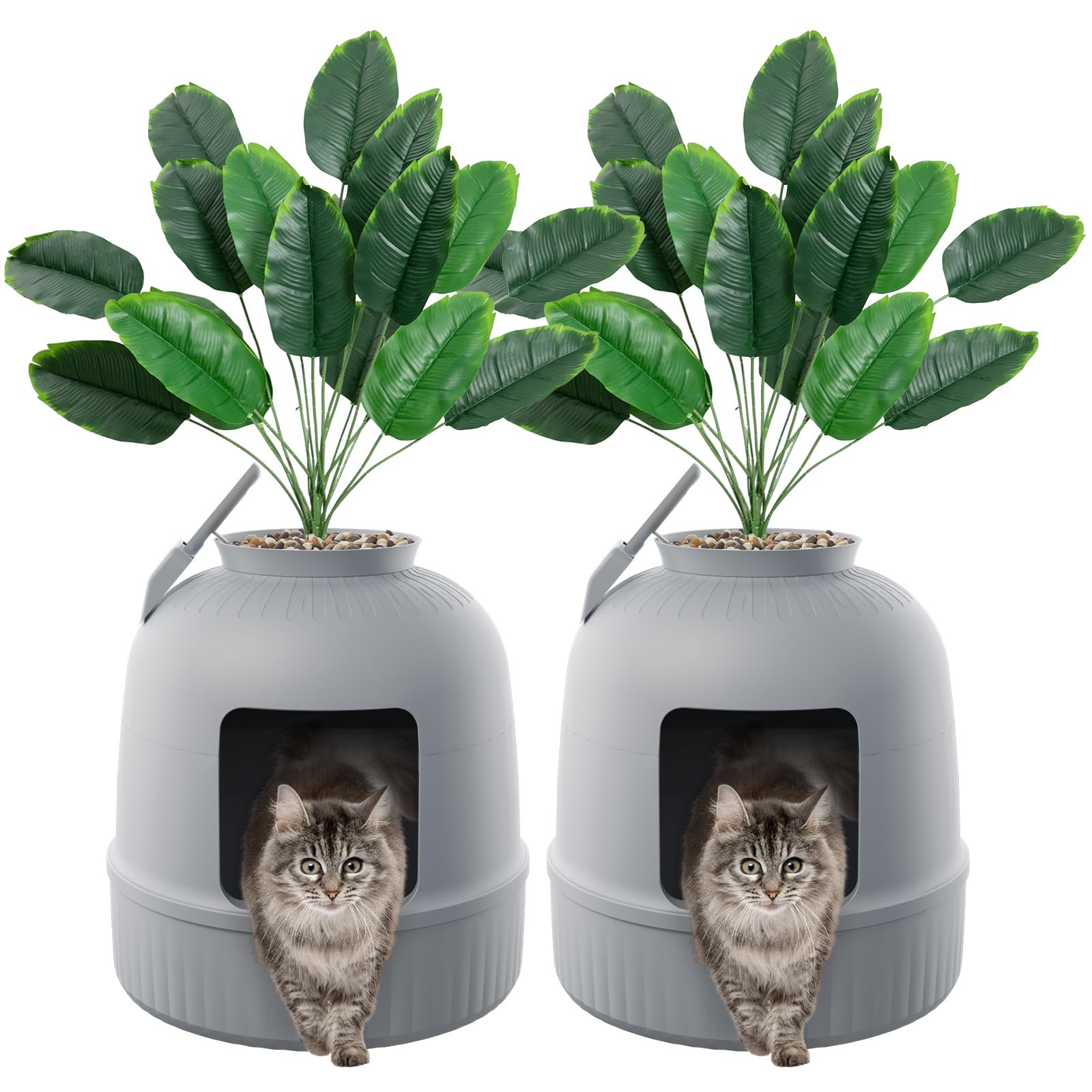 Lifewit 2 Pack Litter Box Cat with Faux Plant & Scoop, Hidden Enclosure Litter Tray with Odor Control & Carbon Filter in Living Room, Bedroom, Corner, Grey