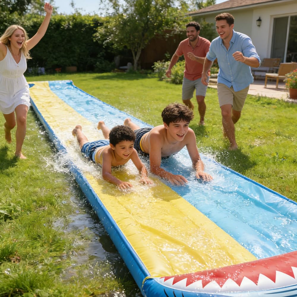 NAVESO Zjeżdżalnia ogrodowa, podwójna zjeżdżalnia wodna z 2 bodyboardami, zjeżdżalnia wodna, zjeżdżalnia do ogrodu, do użytku na zewnątrz (480 x 140 cm)