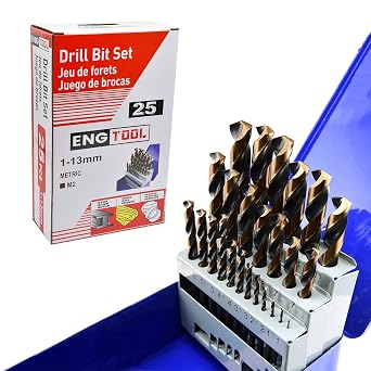 MaxTool 25-Piece Twist Drill Bit Set High Speed Steel M2 Jobber Length Fully Ground for Metal Wood Plastic Metric Sizes 1-13mm; JBS02H10R025P