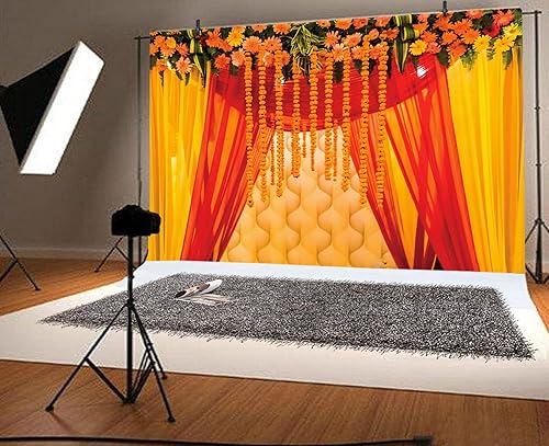 Miniatura 3 de Yeele - Telón de fondo de pared dorado floral de primavera de 7 x 5 pies para fotografía telón de fondo tradicional indio para decoración girasol