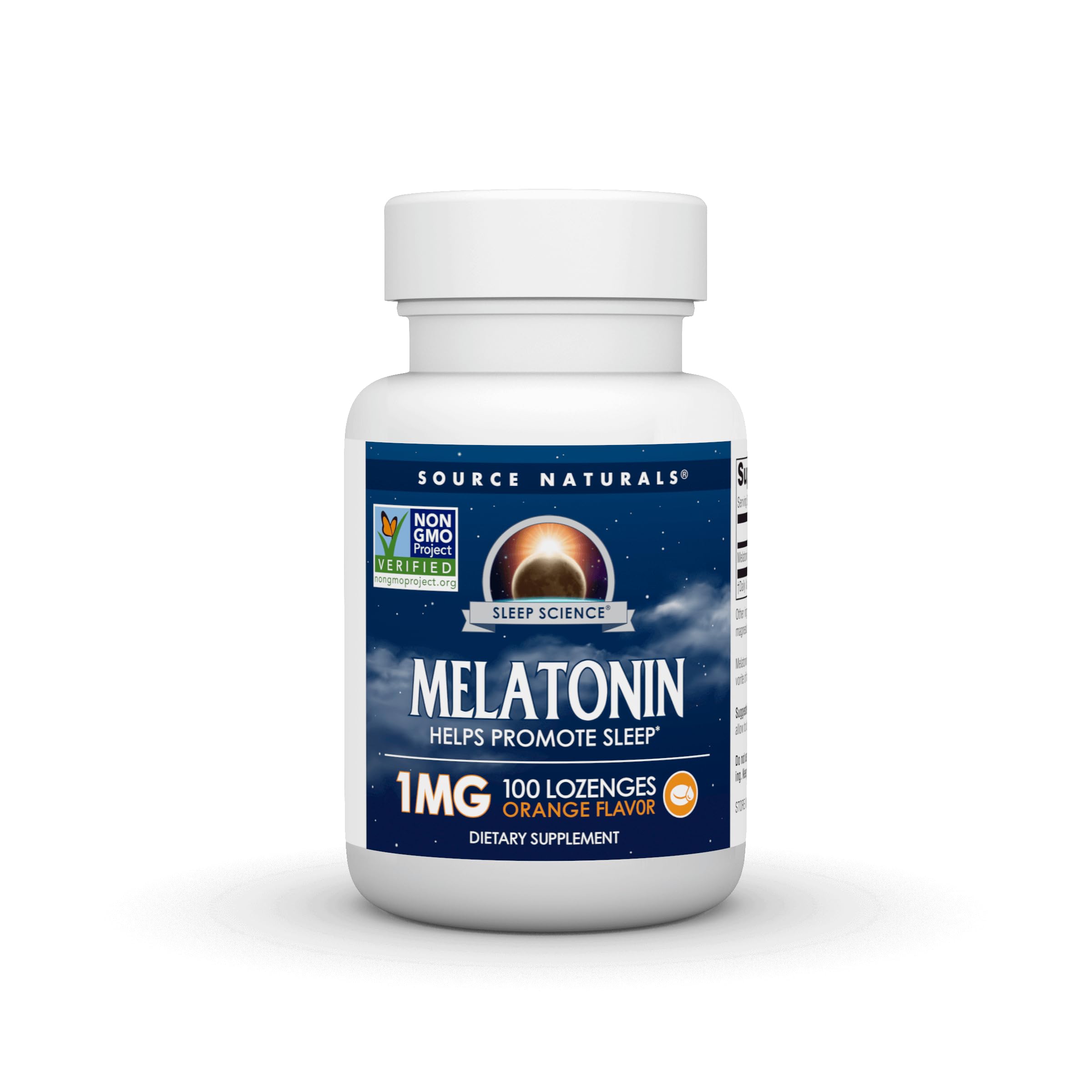 Suplemento dietético de melatonina Source Naturals Sleep Science, verificado por el Proyecto Sin OMG, 1 mg, 100 pastillas con sabor a naranja