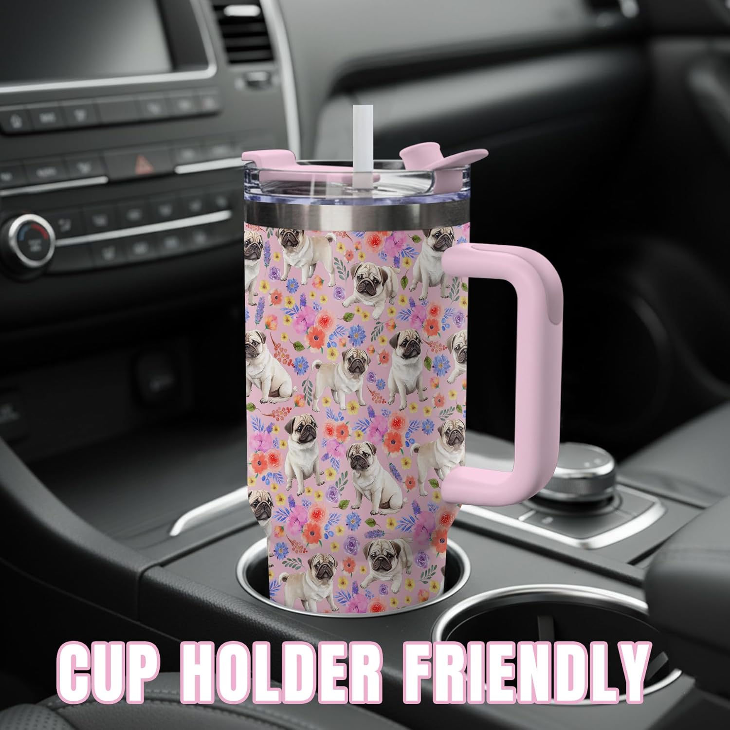 Pug Gifts for Women, 40oz Stainless Steel Insulated Tumbler Travel Mug Cup with Handle Straw, Gifts for Dog Mom Dog Lover - Image 6