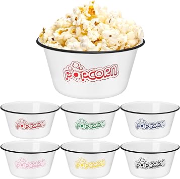 Maxdot Set of 6 Enamelware Popcorn Bowl 1.2 Quart Reusable Popcorn Serving Bowls Buckets Containers for Family Cinema Nights and Camping Party Shatterproof Classic White with Black Rim