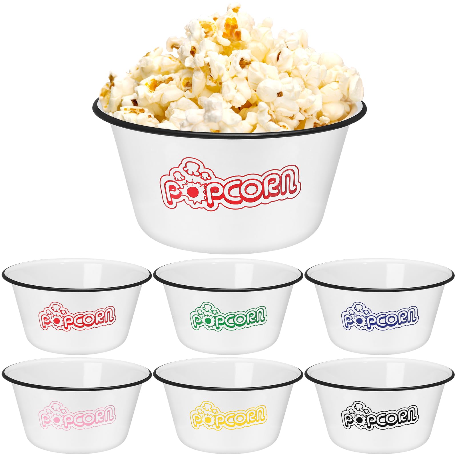 Maxdot Set of 6 Enamelware Popcorn Bowl 1.2 Quart Reusable Popcorn Serving Bowls Buckets Containers for Family Cinema Nights and Camping Party