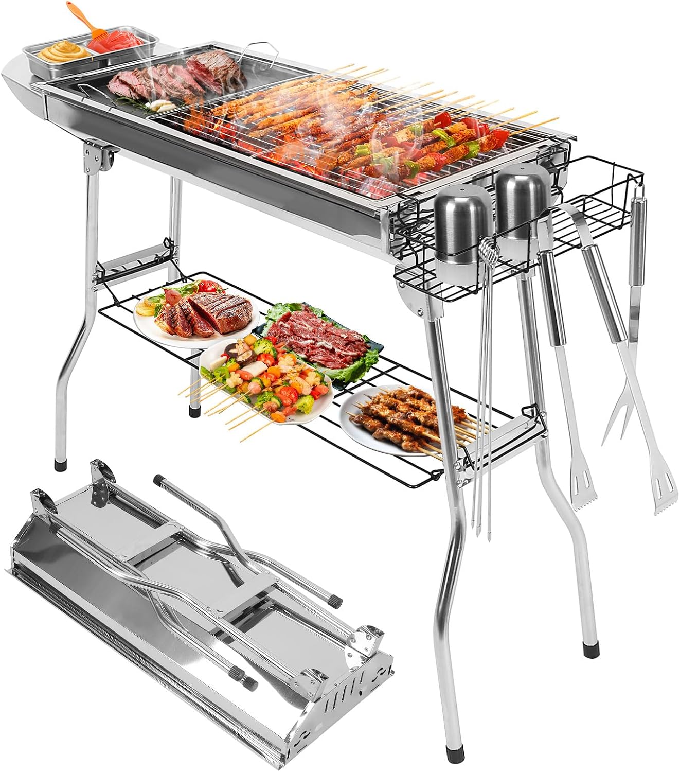 Portable Charcoal Grill, Folding Barbecue Grill with Storage Shelf, Stainless Steel BBQ Smoker Barbecue Tool Kits for Outdoor Cooking Camping Hiking Picnics Backpacking