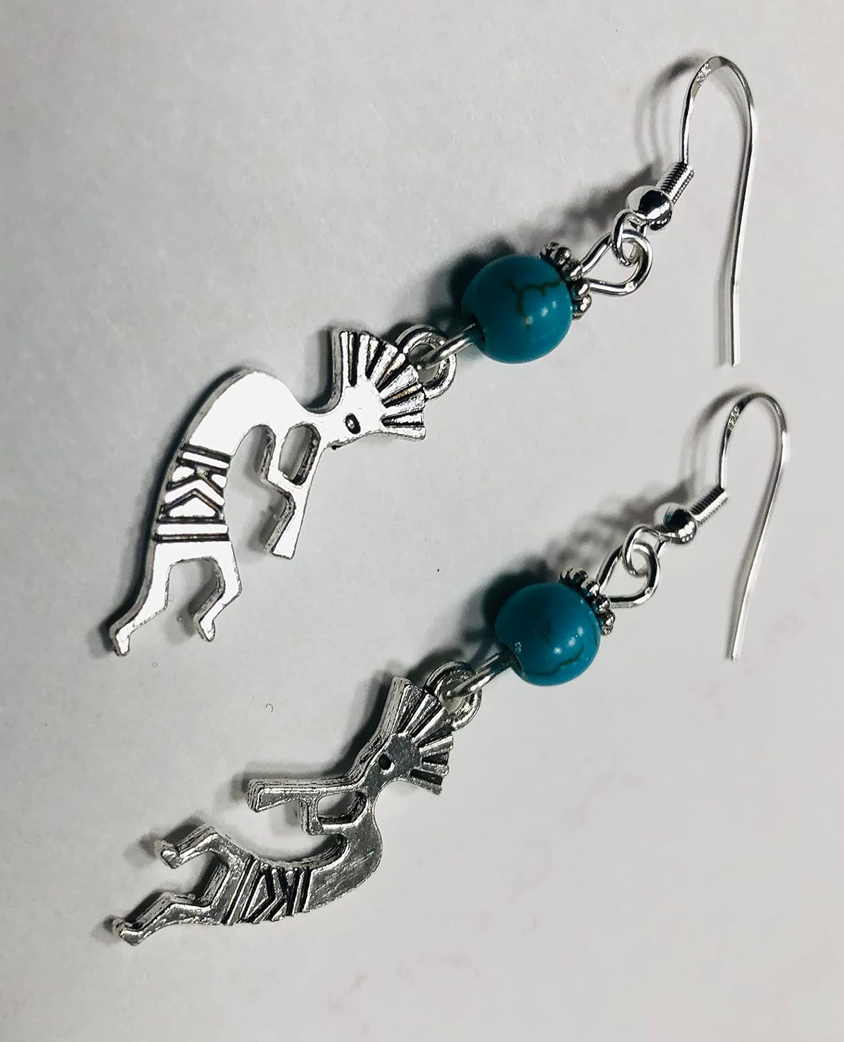 Small Kokopelli Charm Earrings with Turquoise Colored Stone Beads on Sterling Silver Earwires, Southwestern - Image 2