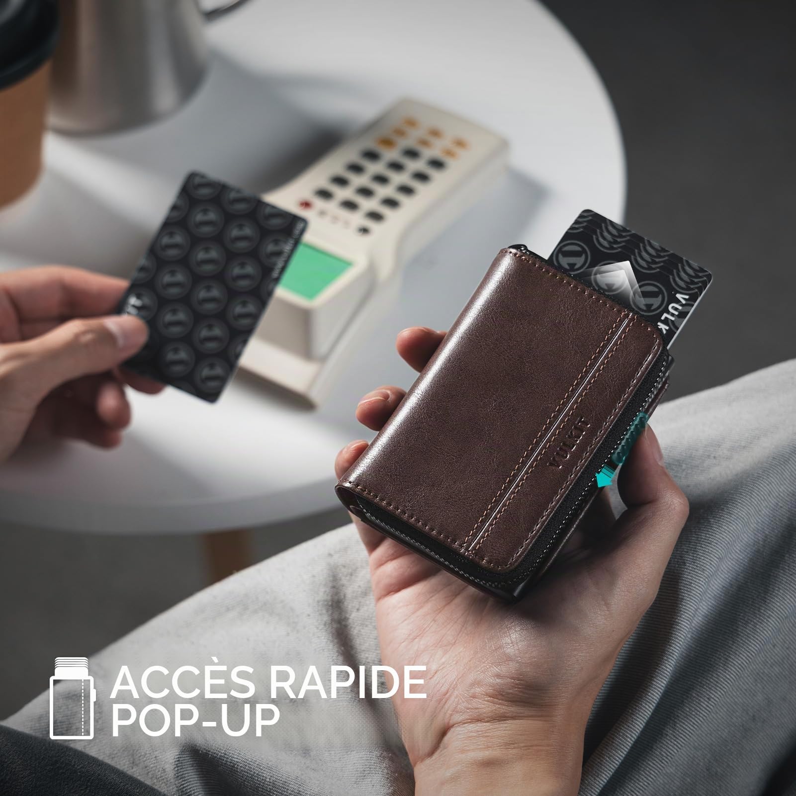 VULKIT Porte-cartes à grande capacité pour homme, blocage RFID, porte-monnaie métallique pop-up, espace pour 15+ cartes, compartiment pour billets, fenêtre pour pièce d'identité, poche à monnaie avec
