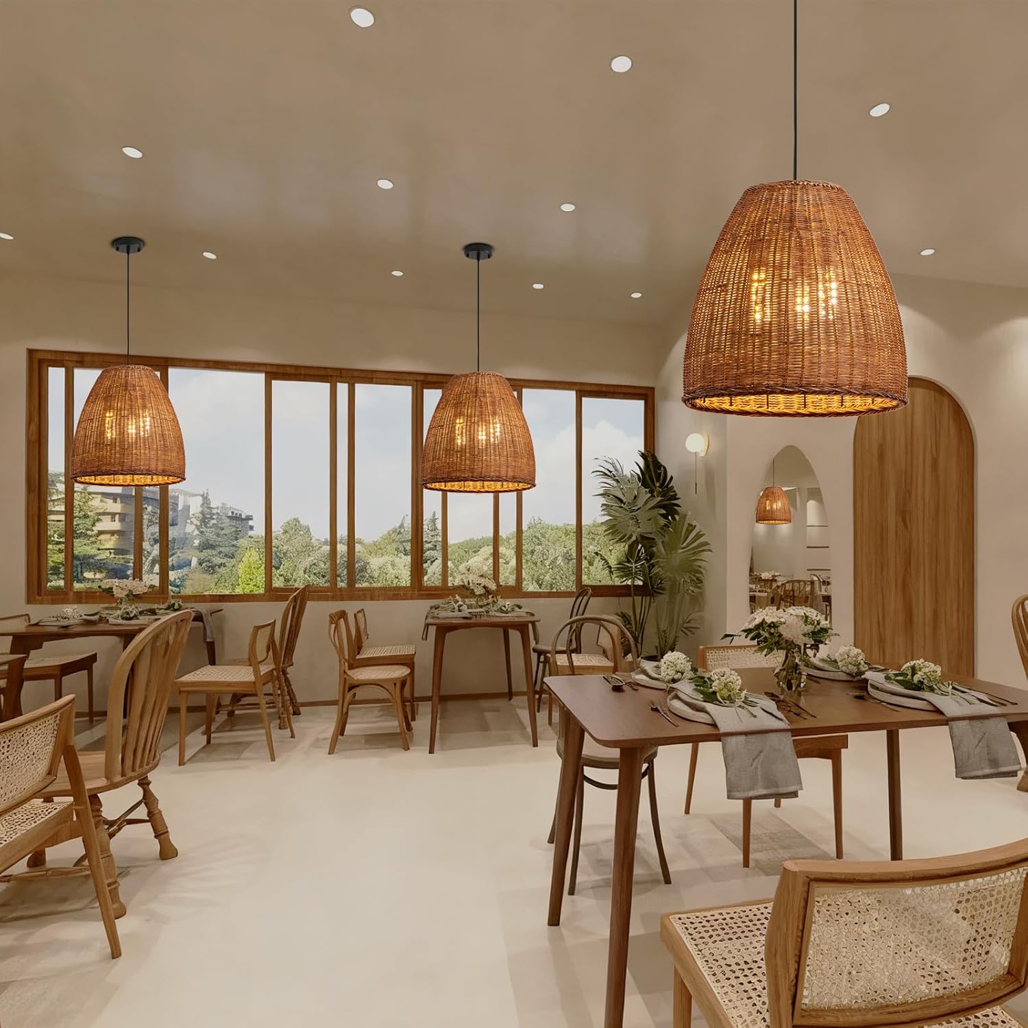 Farmhouse Rattan Chandelier 16.6" 3-Lights Boho Hand Woven Pendant Lights Wicker Dining Room Light Coastal Hanging Lighting Fixtures for Living Room Bedroom Kitchen Sink Restaurant Entryway Foyer