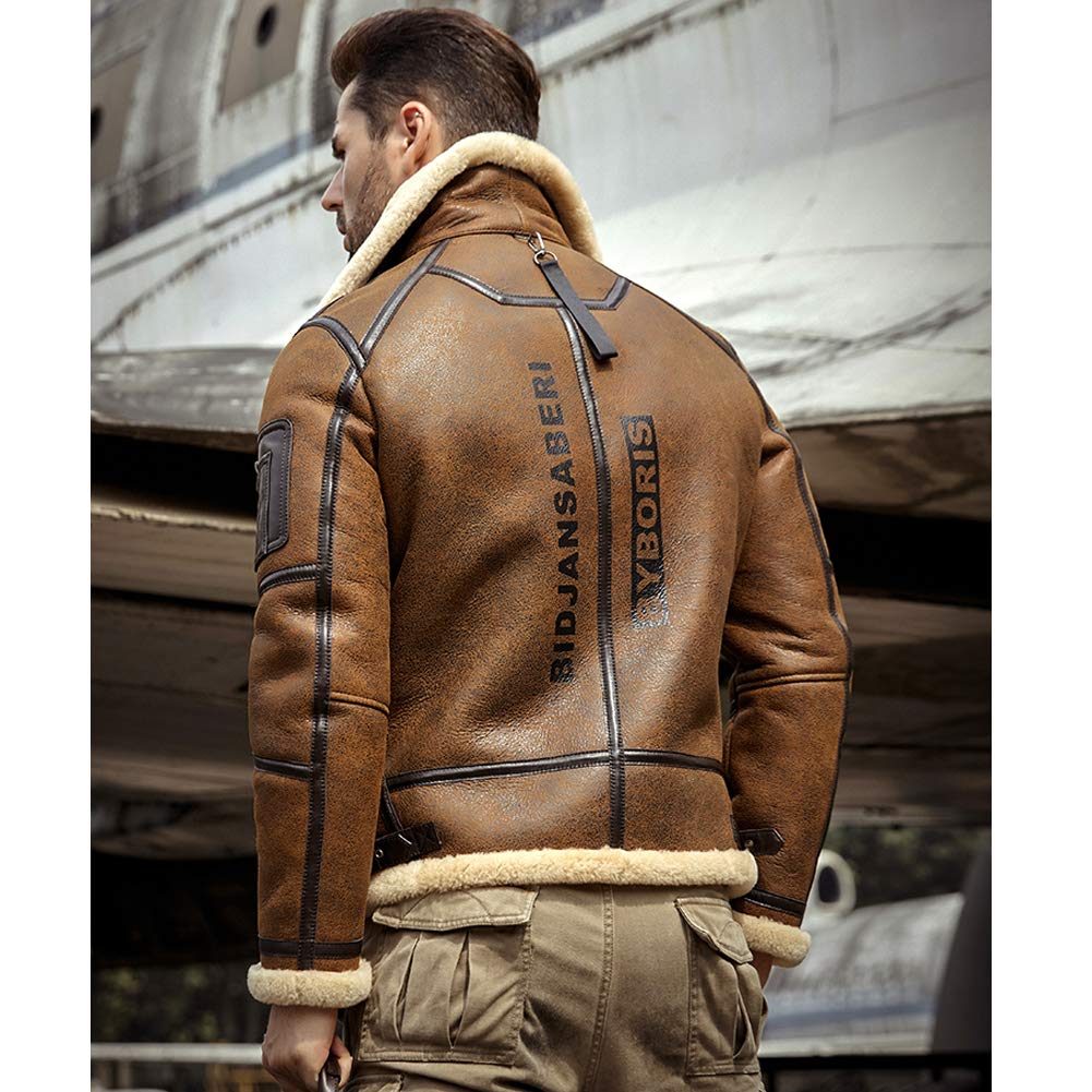 Denny&Dora Mens Shearling Jacket B3 Flight Jacket Sheepskin Aviator Winter Coat Fur Bomber Leather Jacket product thumbnail 3