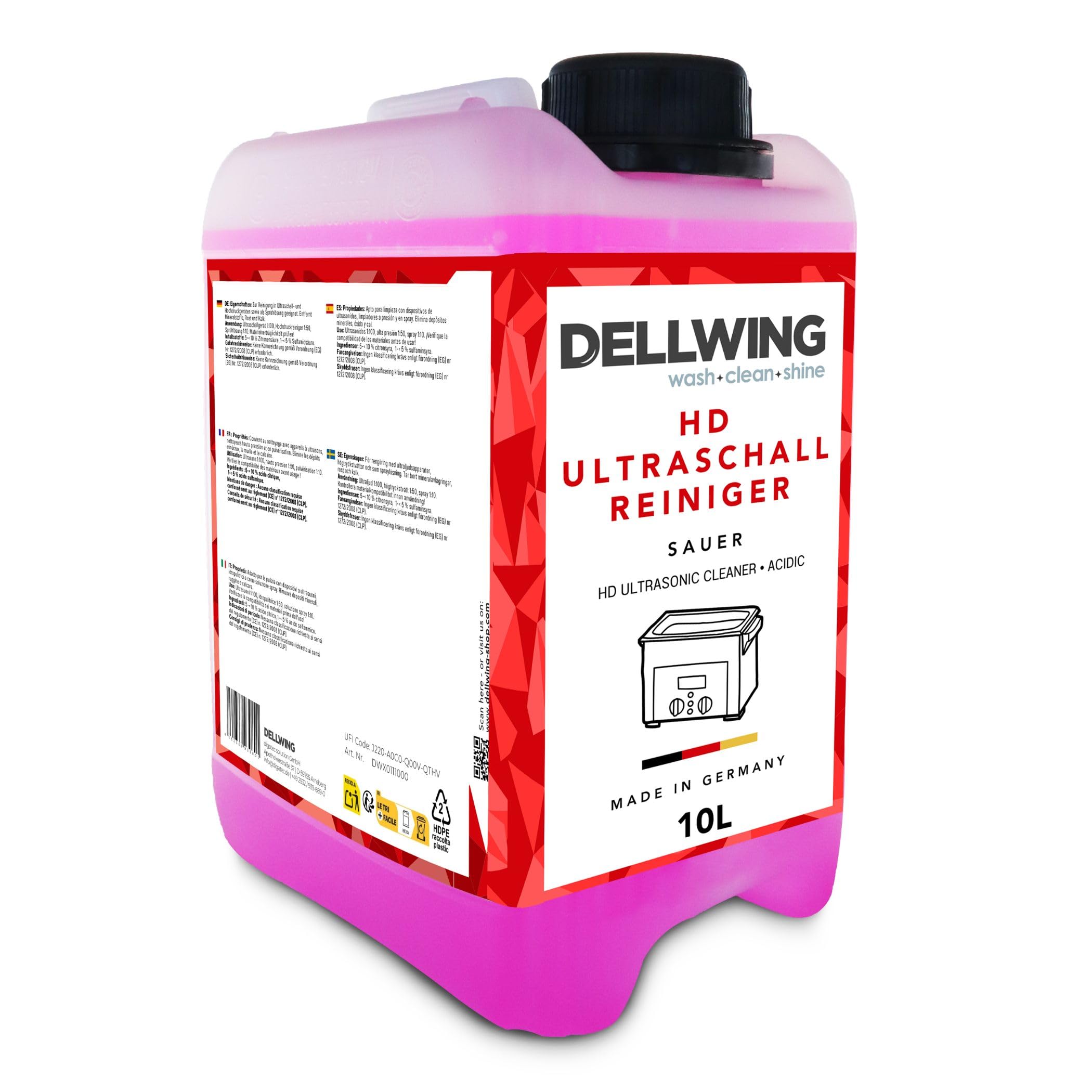 Dellwing HD Limpiador ultrasónico 10 l, concentrado ácido para aluminio y metales no ferrosos, fabricado en Alemania