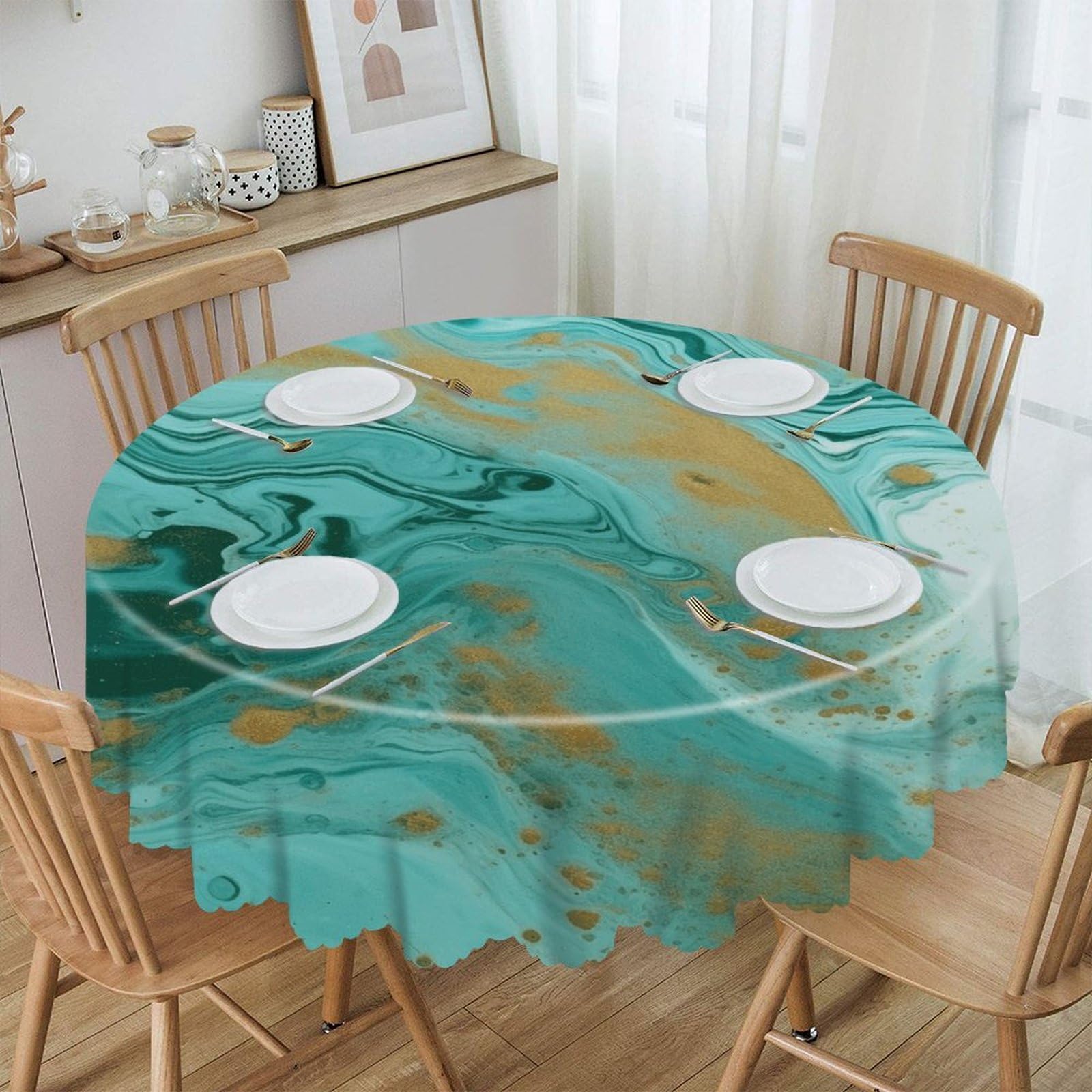 VstaDank Teal and Gold Marble Round Tablecloth Wipeable Round Polyester Tablecloth Waterproof Wrinkle Free Indoor and Outdoor Table Cover 60 Inch Decorative Farmhouse Table Cloth for Dining