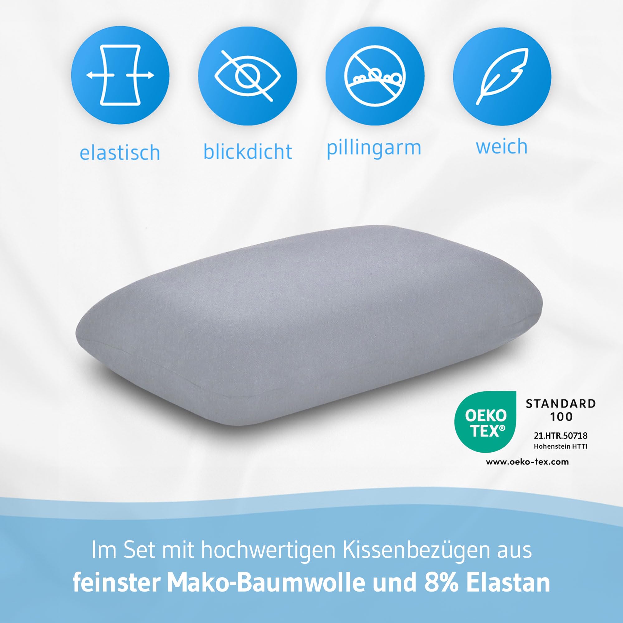 Reisekissen Volar QuickDry mit Kissenbezug Hellgrau im Doppelpack, Ergonomisches Memory Foam Nackenkissen für Flugzeug/Auto mit schnelltrocknendem Thermo-Bezug, Kleines Camping Kopfkissen 40x25