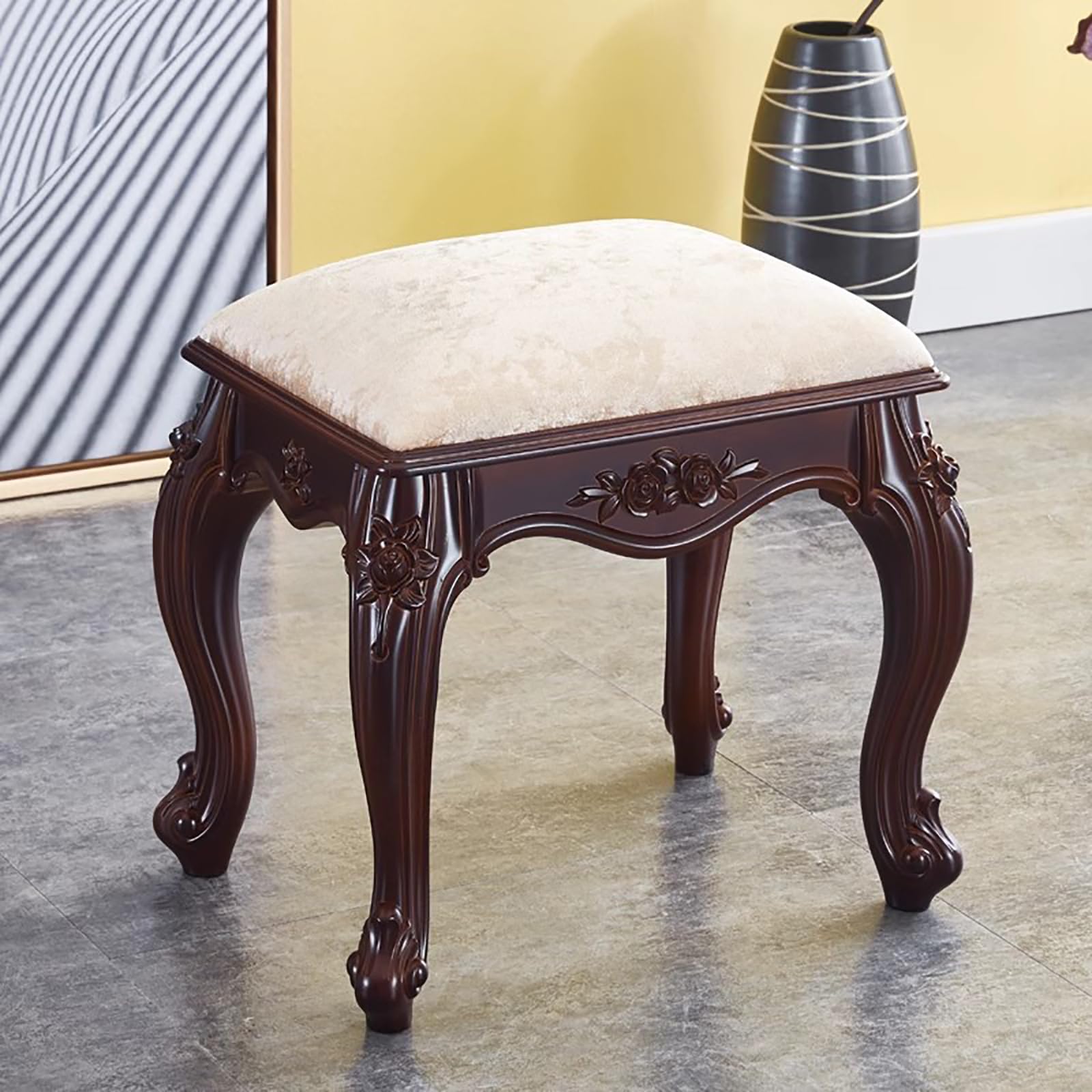 Vintage Leather Foot Stool Ottoman,Wooden Carved Piano Bench,Small Upholstered Footrest Seat for Couch,Living Room,Entryway(14.57" W×10.24" D×13.78" H, Gold Velvet)