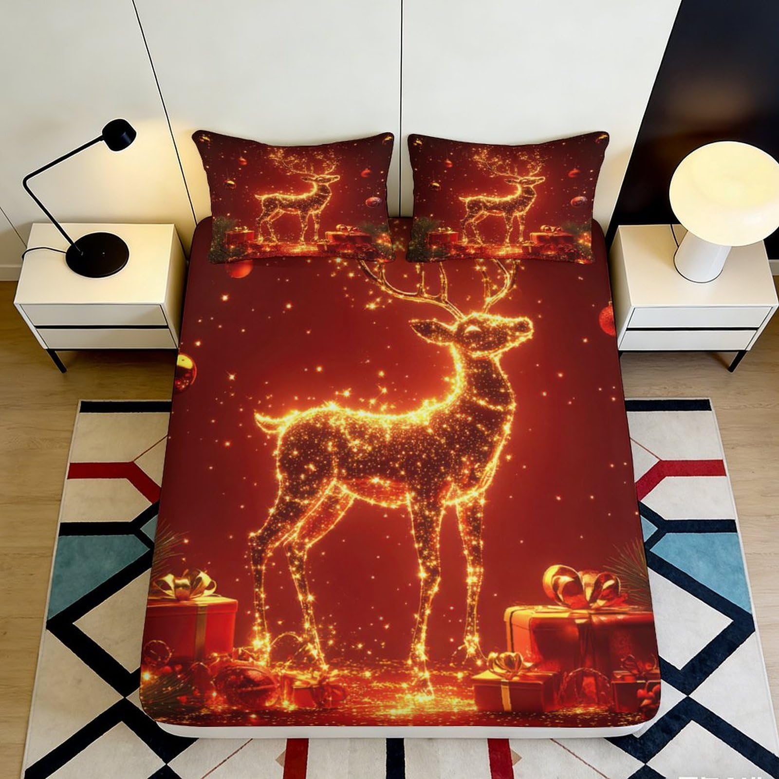 3D Printed Glowing Deer Fitted Sheet Microfiber Soft Red Forest Bed Cover for Bedroom Dorm Mattress Protection Decor 90x200x25cm