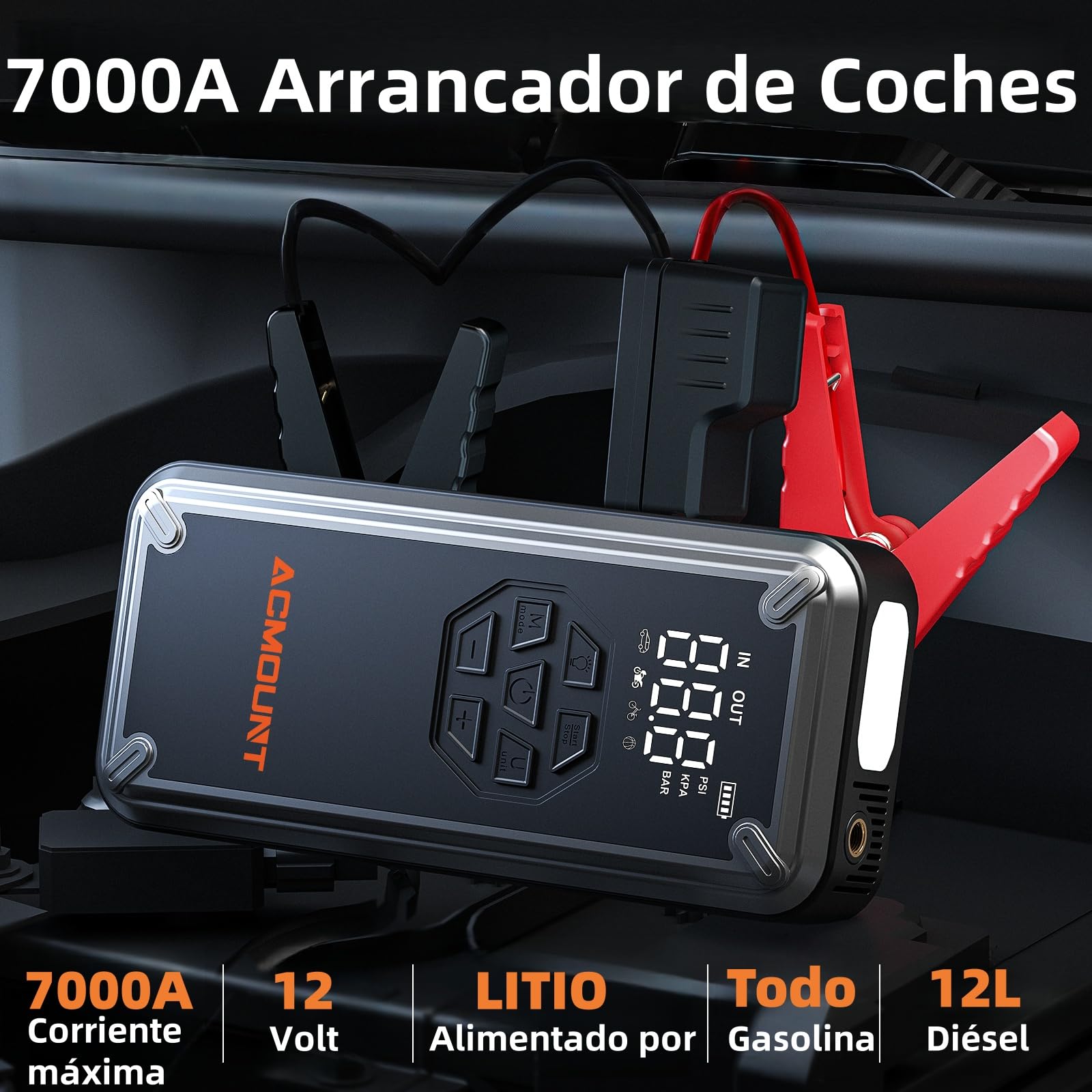 Acmount Arrancador de Baterias de Coche 7000A, Arrancador de Coches Compresor de Aire 150 PSI, Booster Bateria 12V (para All Gas o 12L Diesel) con Pantalla LCD, Linterna LED de 800 Lúmenes