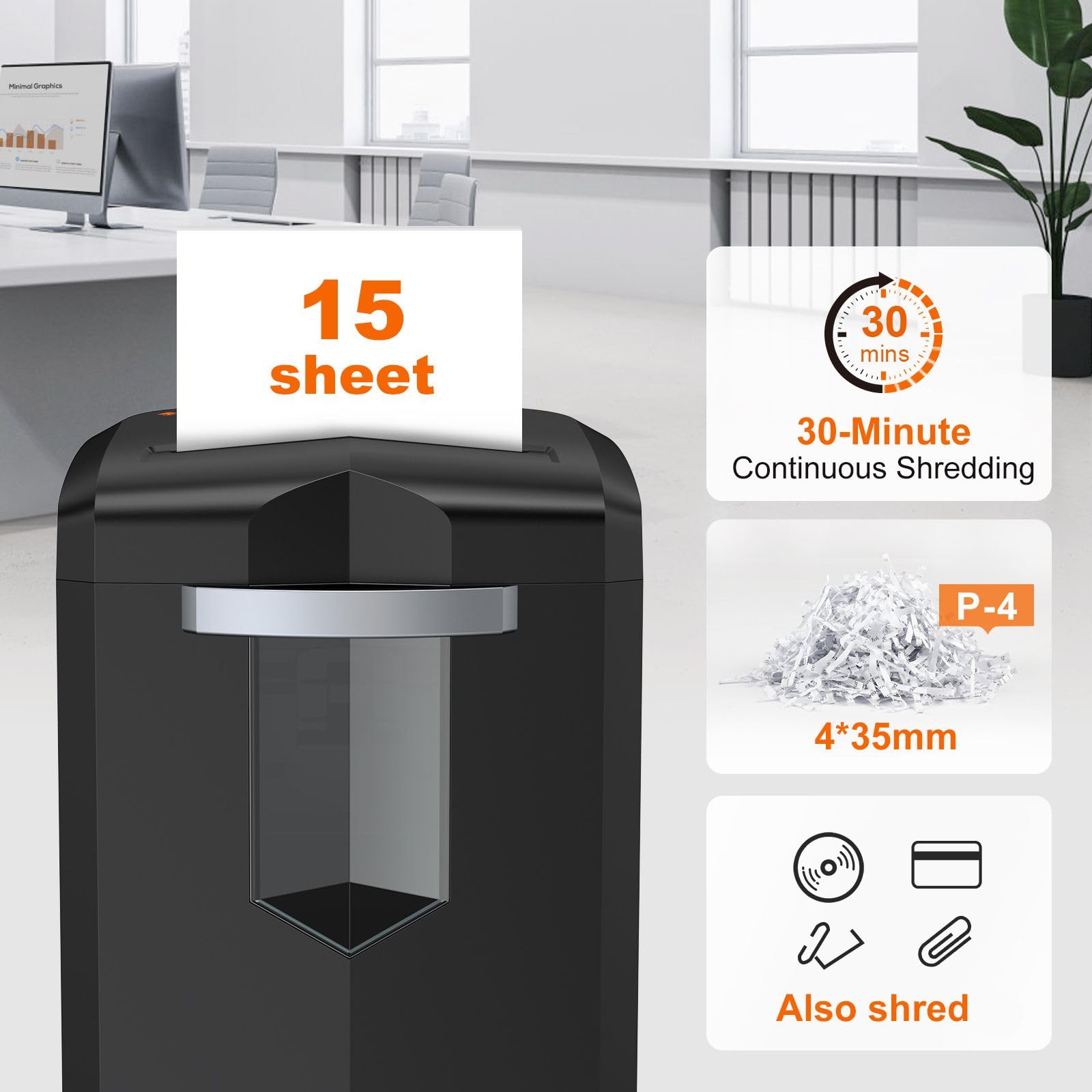 Bonsaii trituradora de Papel de 15 Hojas, destructora de Papel P4, Puede triturar CD, Tarjetas de crédito y Grapas, prevención de Atascos de Papel, un contenedor de 20L y Ruedas con Frenos(C267-A)