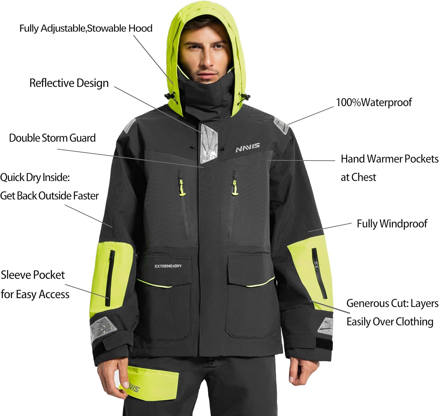 Men’s PRO Sailing Jacket Waterproof & Offshore Bib Pants + Hi-Vis Hoodie 3-Piece Wet Weather Gear for Crew & Ocean Racing - Image 4