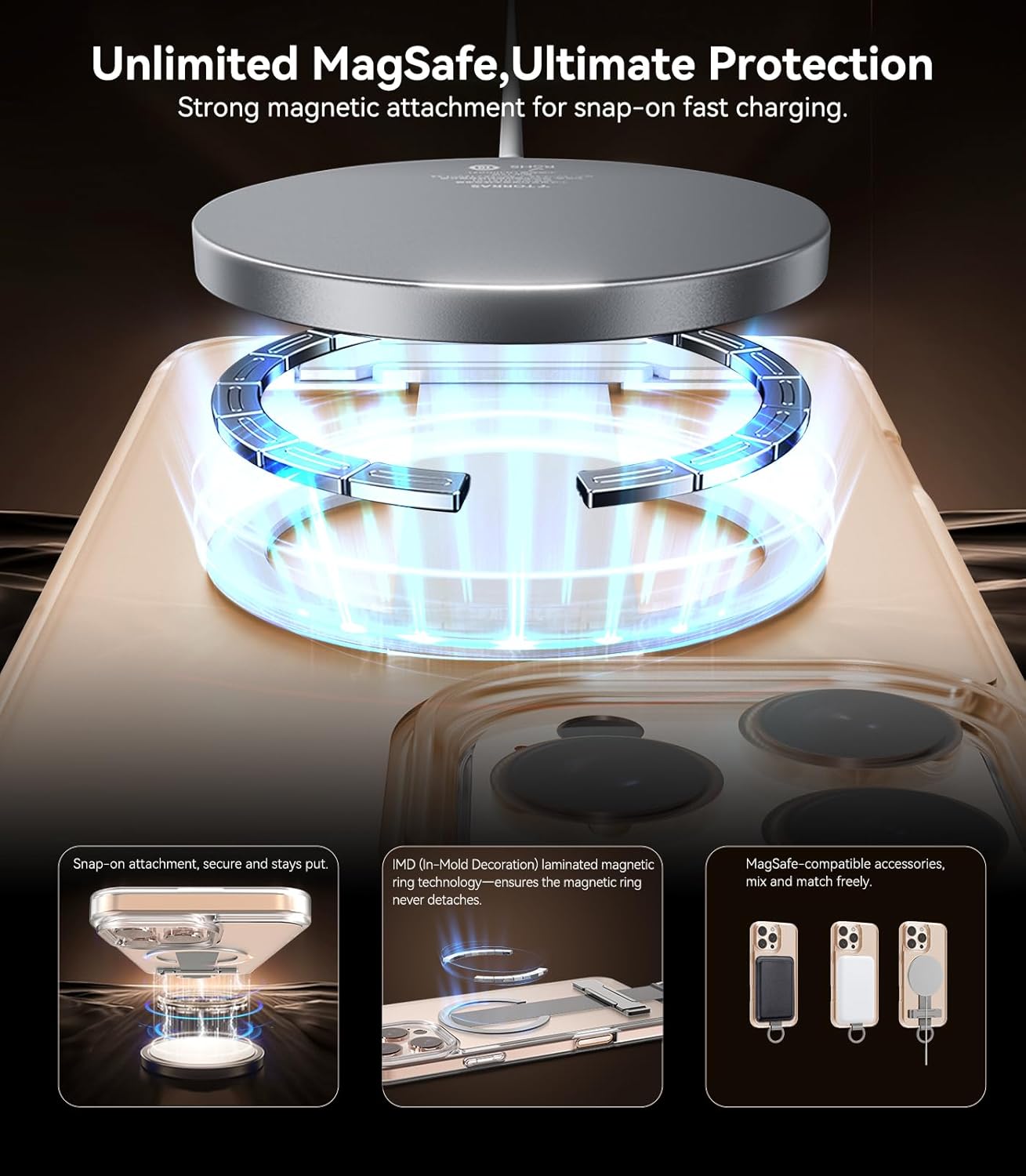 for iPhone 16 Pro Max 6.9" Case, Skin-Feel Silicone Finger Strap [Fit for MagSafe] [Military Grade Drop Tested] Silver Stand Cover with Finger Ring Buckle, Transparent - Image 5