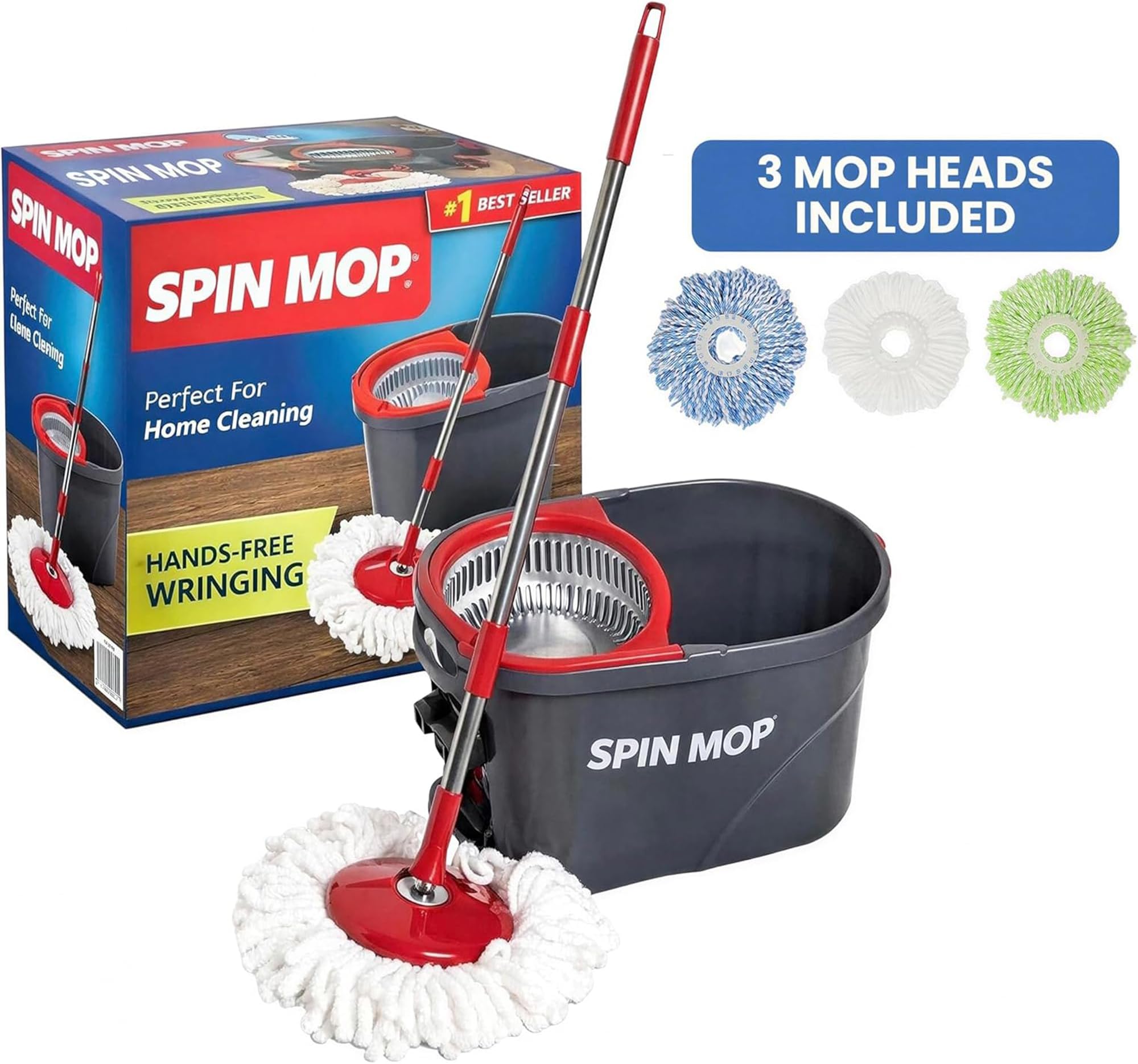 SIMPLI-MAGIC 360° Spin Mop and Bucket with Wringer – 10,000 Spin Cycles – 3 High-Absorbent Microfiber Replacement Heads – Mop and Bucket Set for All Types Floor Cleaning