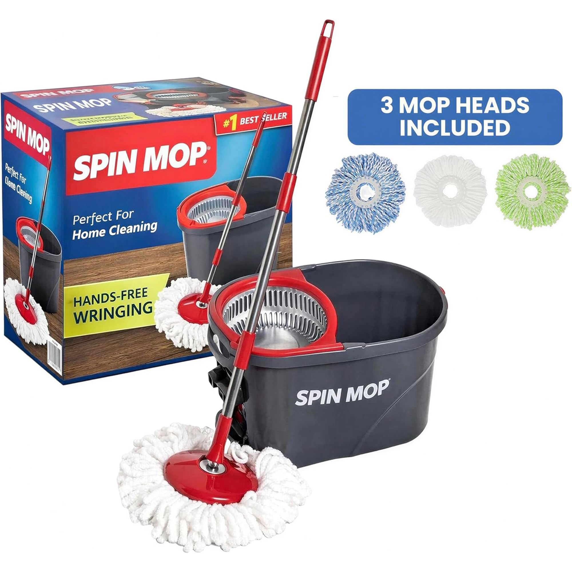 SIMPLI-MAGIC 360° Spin Mop and Bucket with Wringer – 10,000 Spin Cycles – 3 High-Absorbent Microfiber Replacement Heads – Mop and Bucket Set for All Types Floor Cleaning