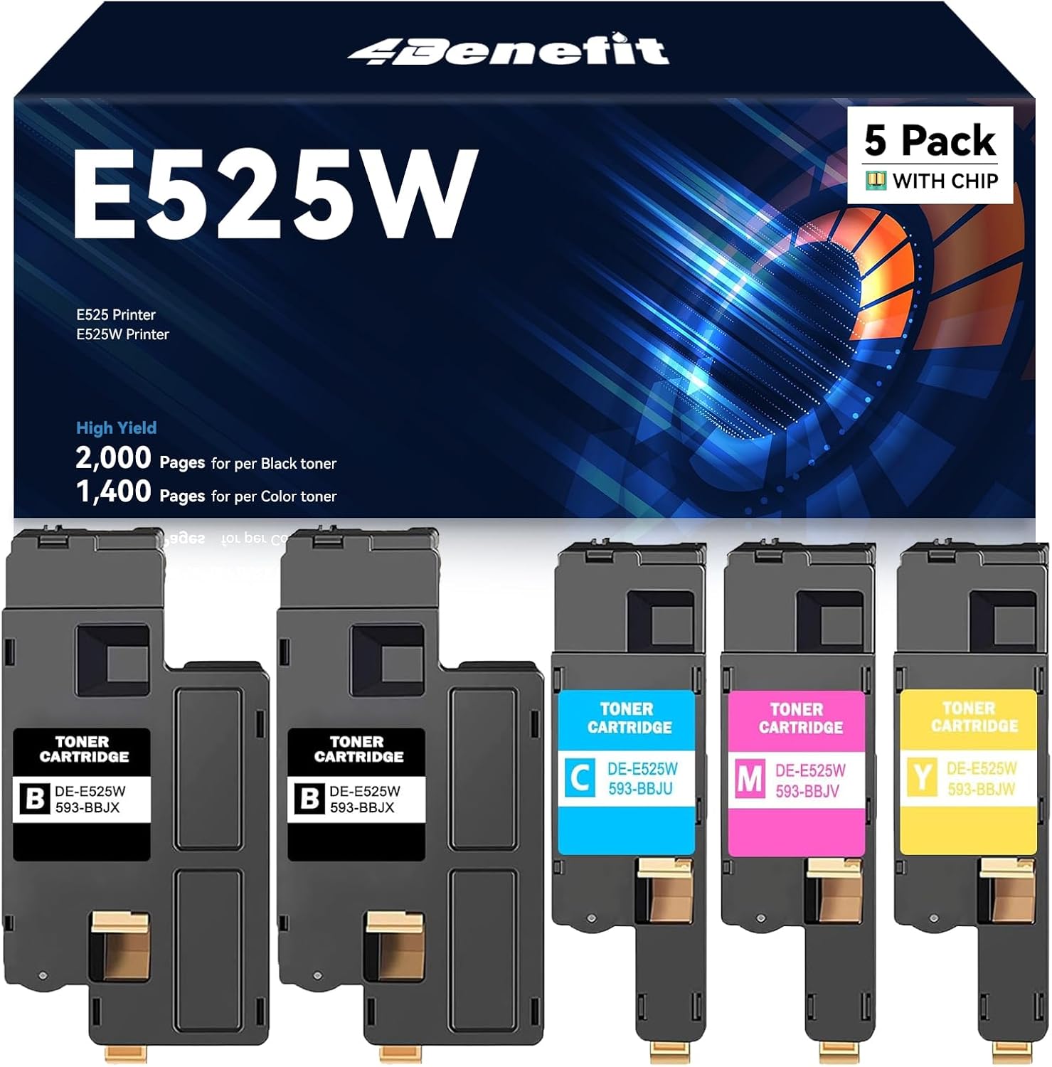Compatible Toner Cartridge Replacement for Dell E525W E525 525w Toner Cartridge to use with E525w Wireless Color Printer for 593-BBJX 593-BBJU 593-BBJV 593-BBJW - 2BCMY, 5 Pack