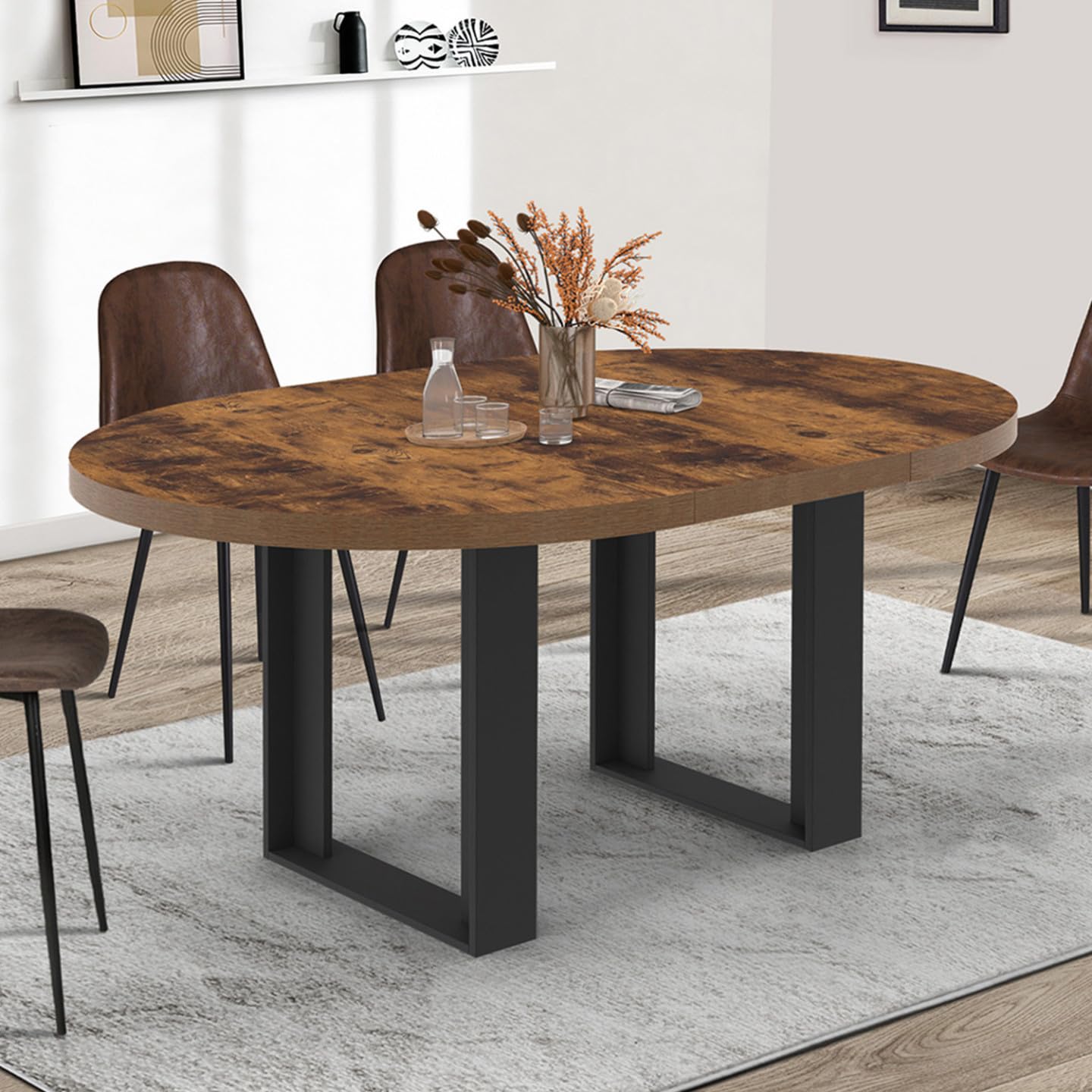 IDMarket - Table à Manger Extensible Ronde Phoenix 4-6 Personnes Bois foncé Effet Vieilli et Noir 110-150 cm