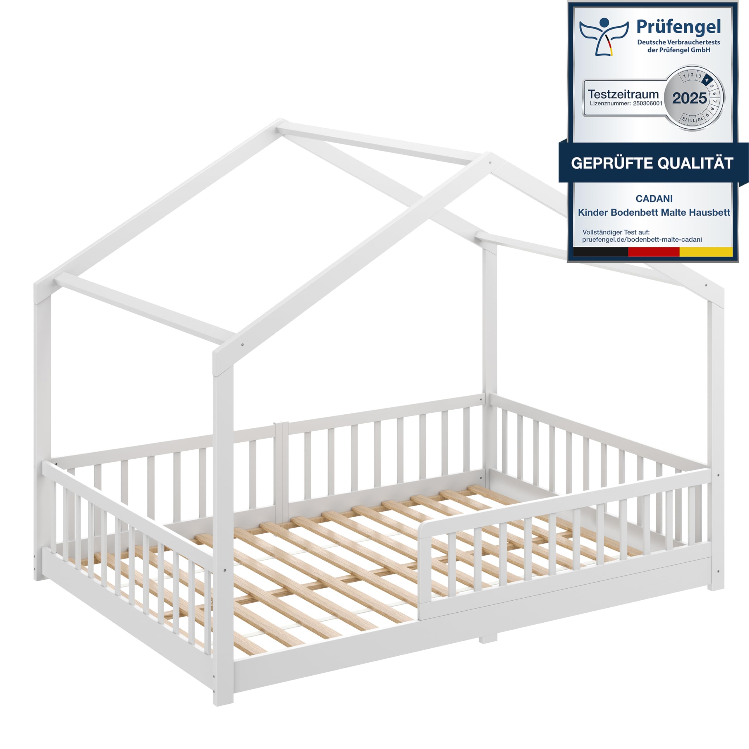 CADANI Malte lit Enfant 140x200 cm – lit cabane avec barrière Amovible, Jusqu’à 200 kg, sommier à Lattes Inclus, lit au Sol Montessori en pin Massif, Blanc