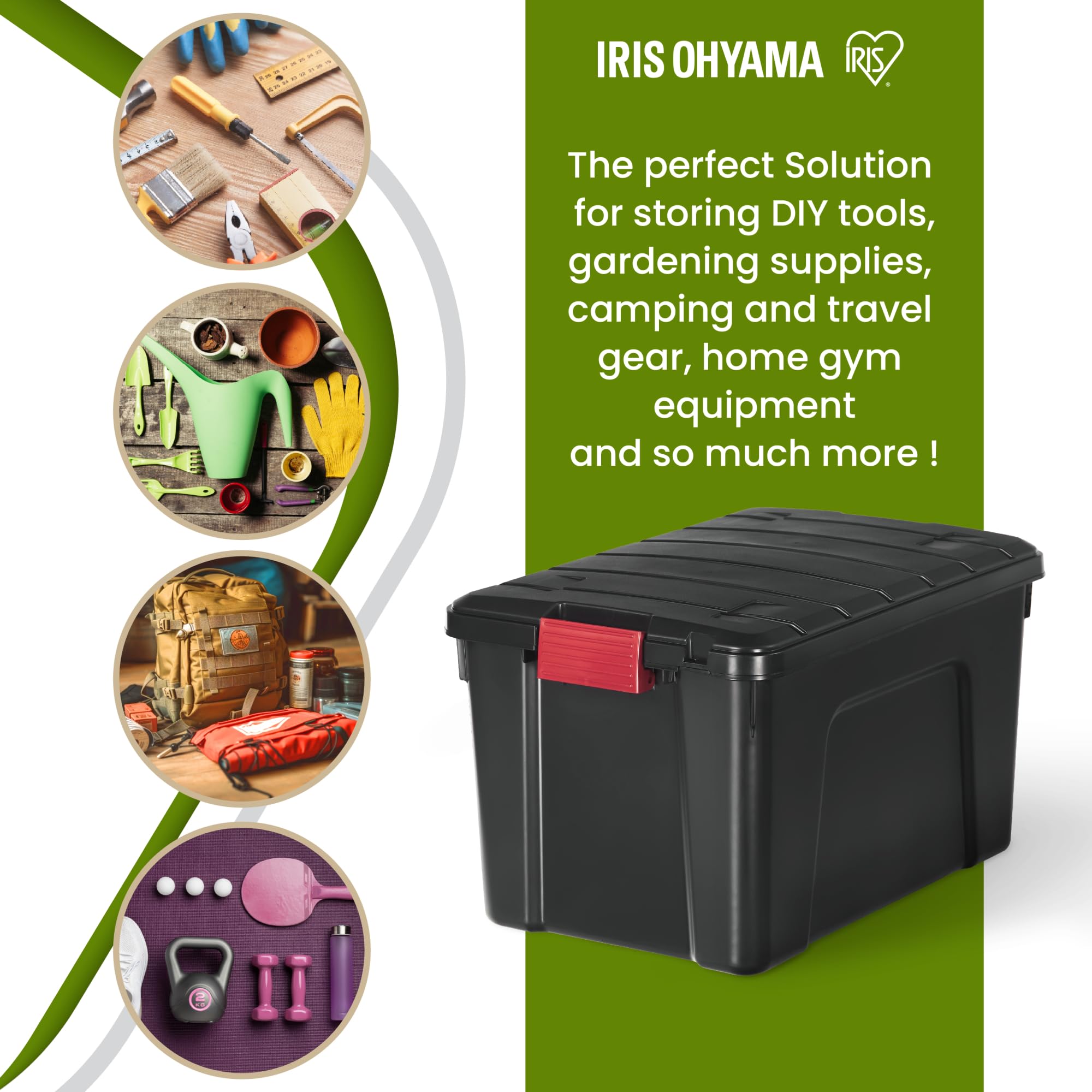 Iris Ohyama, große Kunststoff-Aufbewahrungsbox, 60 l Garagen-Aufbewahrungsbox, 3er-Set, SIA-60, schwarz, stapelbar, Verschlussklammern ? B59 x T39,5 x H35,5 cm