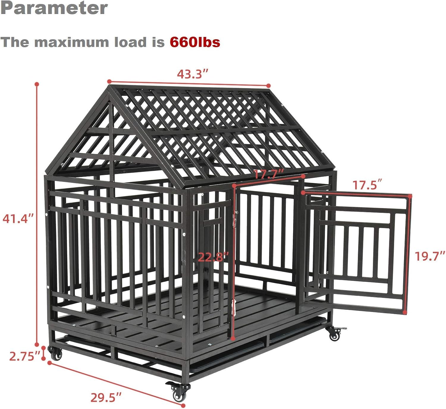 46 Inches Heavy Duty Dog Crate Strong Metal Tube for Large Dogs,Indoor Outdoor Dogs Kennel with Four Lockable Wheels Removable Tray
