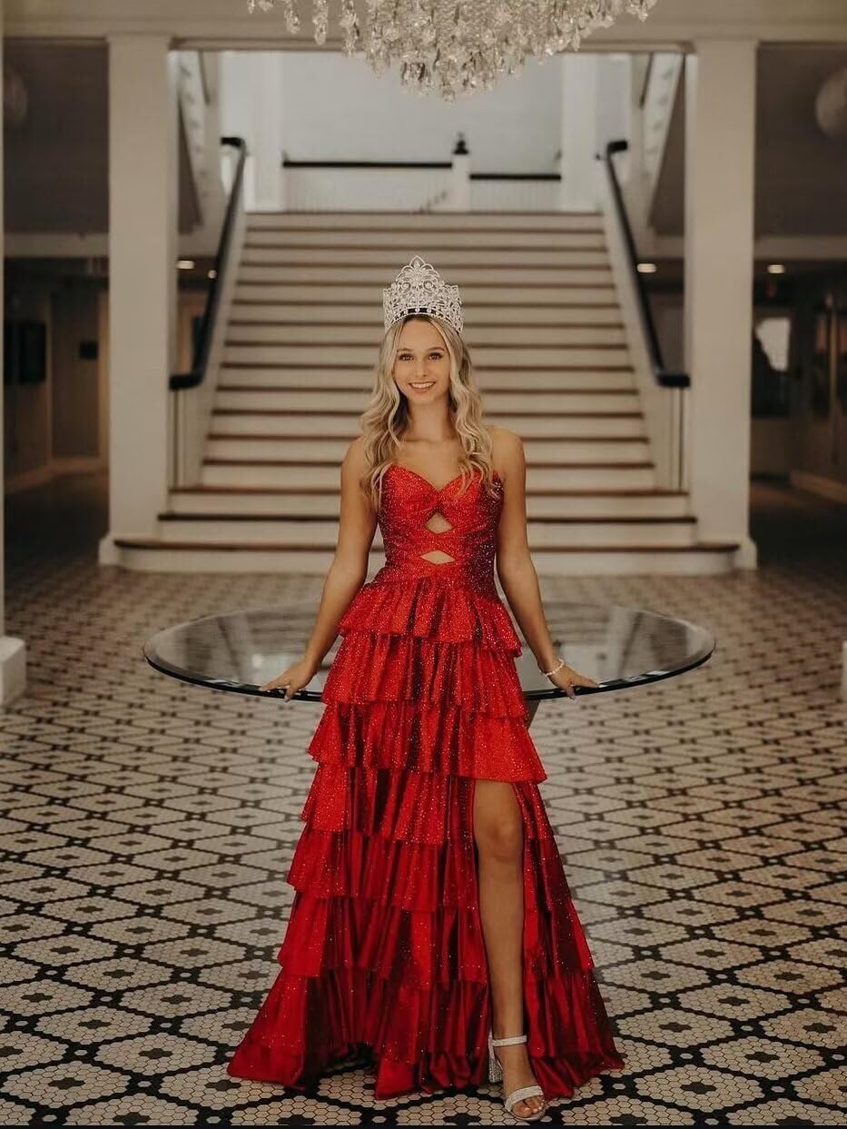 Strapless Corset Prom Dress 2026 Sparkly Sequin Tiered Ball Gown with Slit Glitter Princess Long A-Line Party Dress