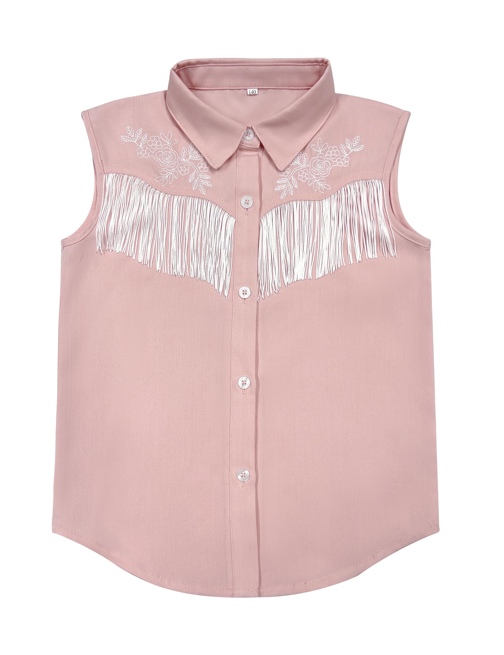 Girls Fringe Shirt Sleeveless Button Down Western Cowgirl Tassel Trim Casual Blouse Shirt Top 4-13Y