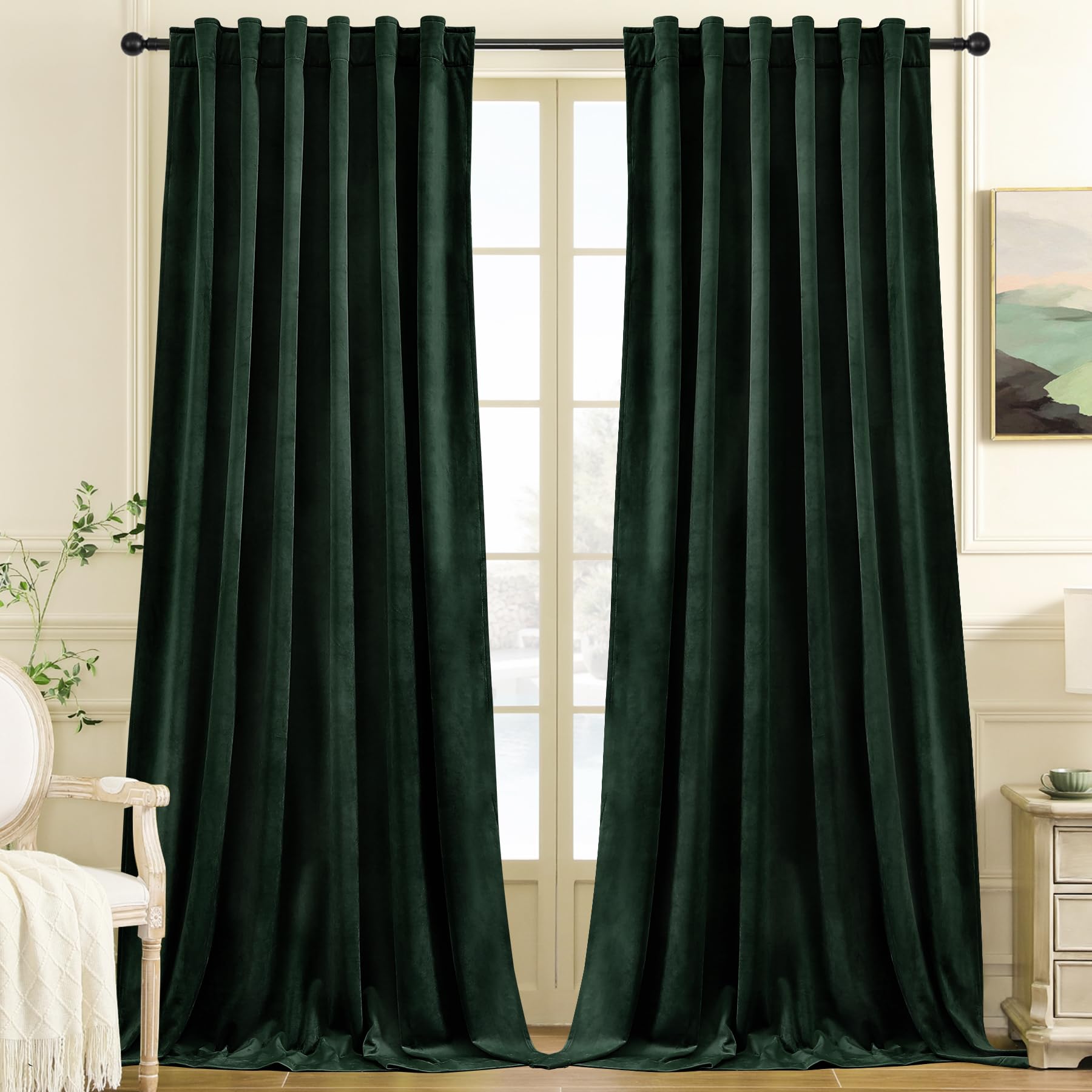 Nemia Dark Green Velvet Curtains Thermal Insulated Blackout Curtain for Bedroom Window Living Room Darkening Luxury Vintage 84 Inches Long Heavy Drapes Panels Back Tab Set of 2